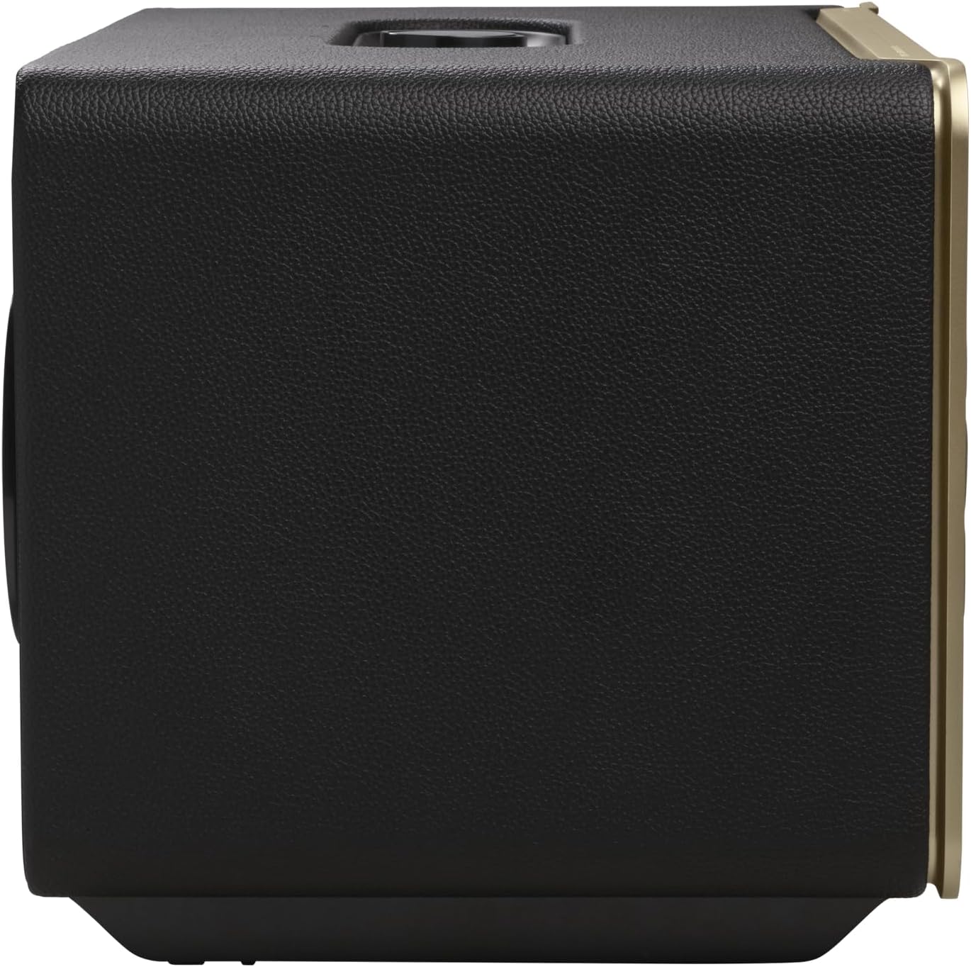 Black JBL smart speaker with top handle and gold side trim