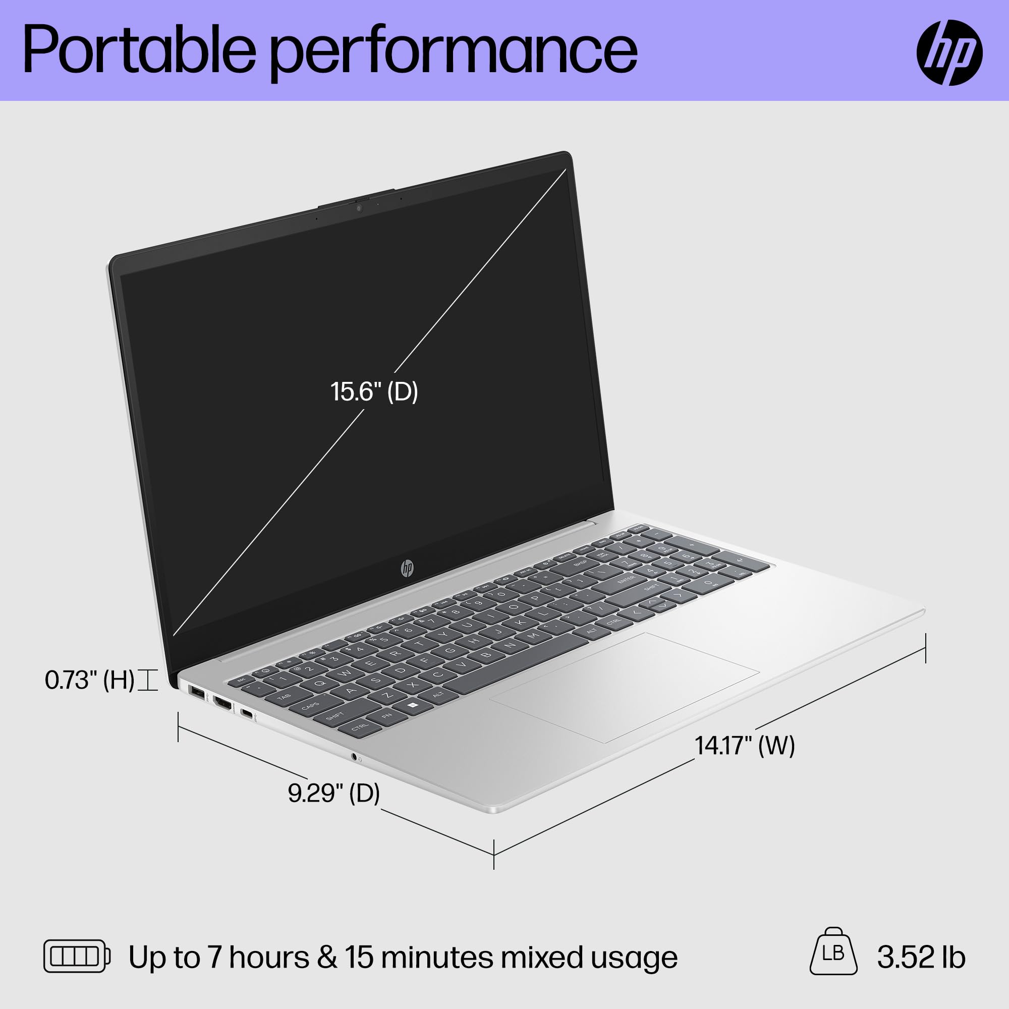 Black and silver HP laptop angled view, showing thin profile and keyboard