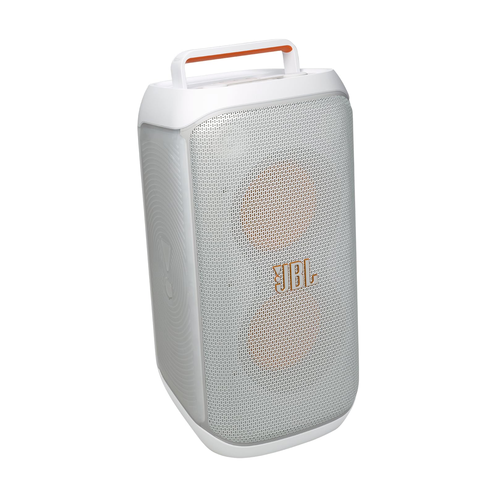 JBL PartyBox portable Bluetooth speaker in white with front grille and handle