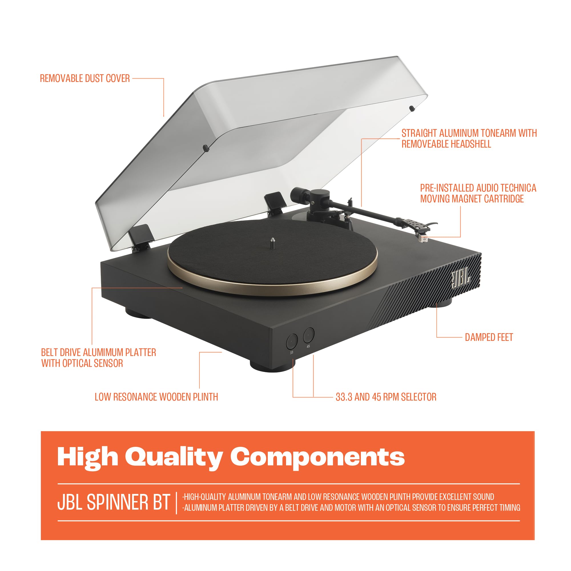 Black JBL turntable with open dust cover, gold-ring platter, and mounted tonearm