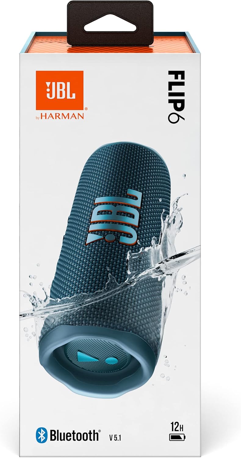 Retail package showing a blue JBL Flip 6 portable waterproof speaker