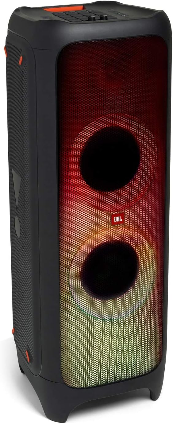JBL PartyBox portable Bluetooth speaker with dual speaker lights in red and black