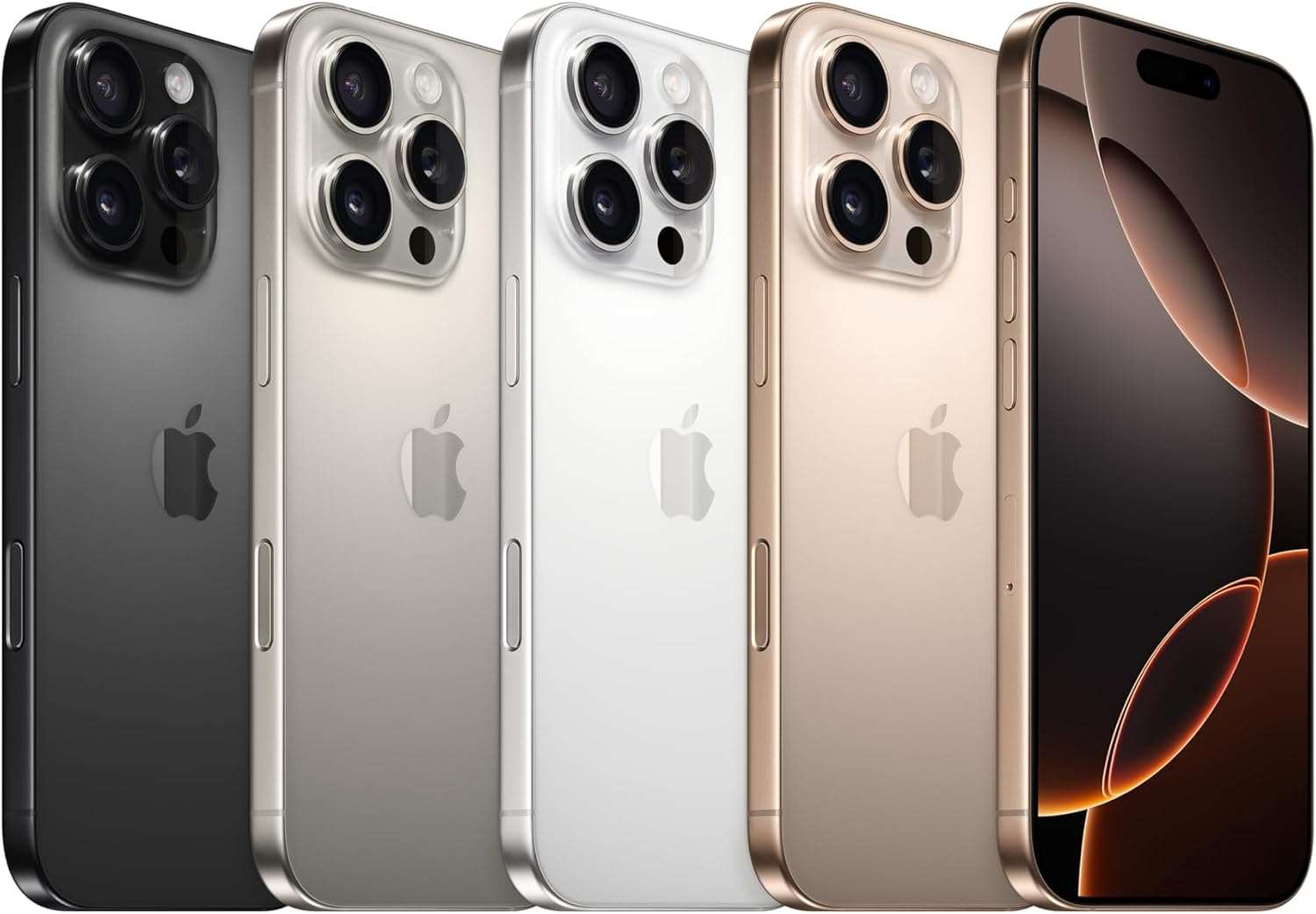 Set of iPhones in multiple finishes, showing rear cameras and Apple logos