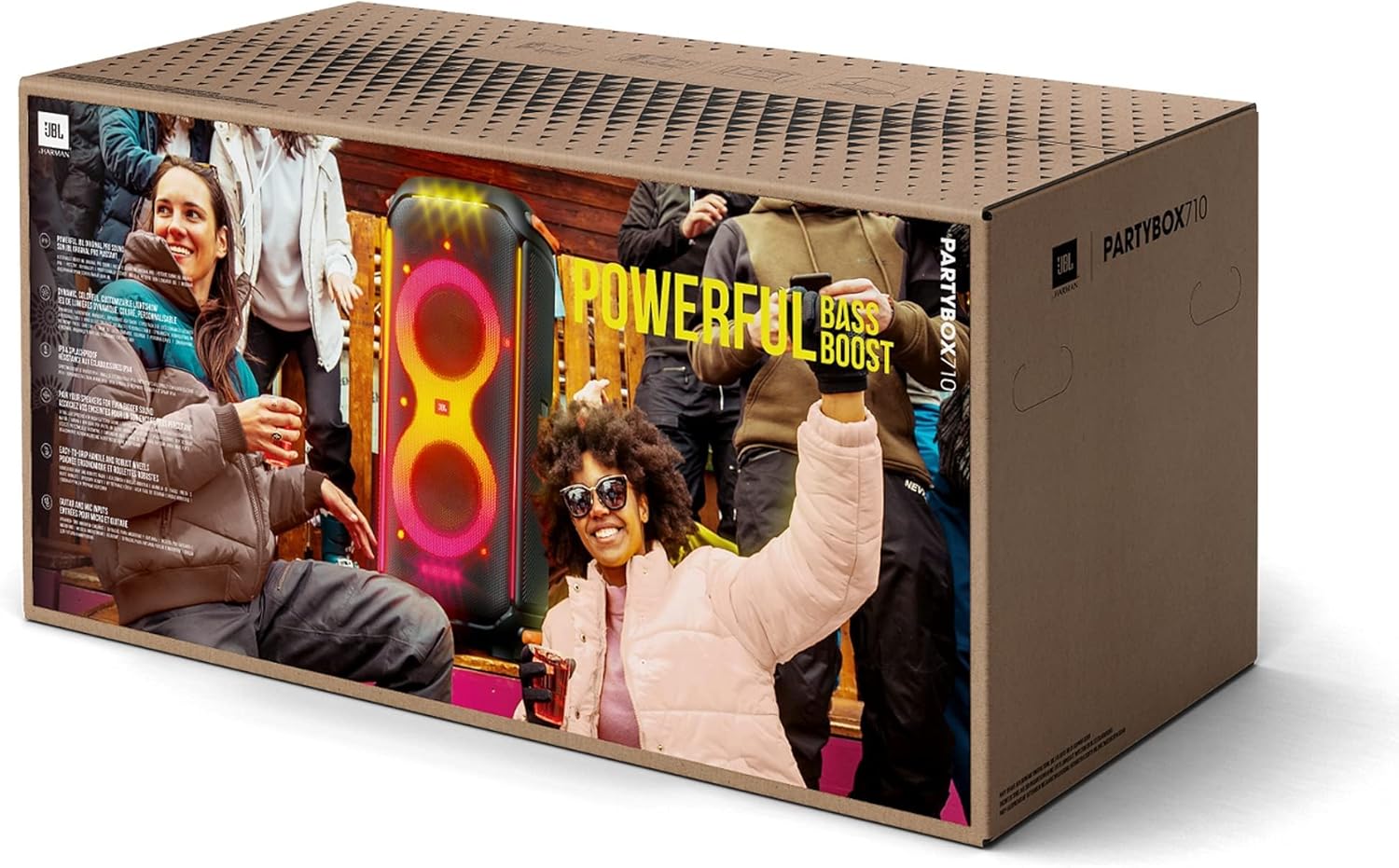 JBL PartyBox portable Bluetooth speaker retail box with colorful party photo graphics