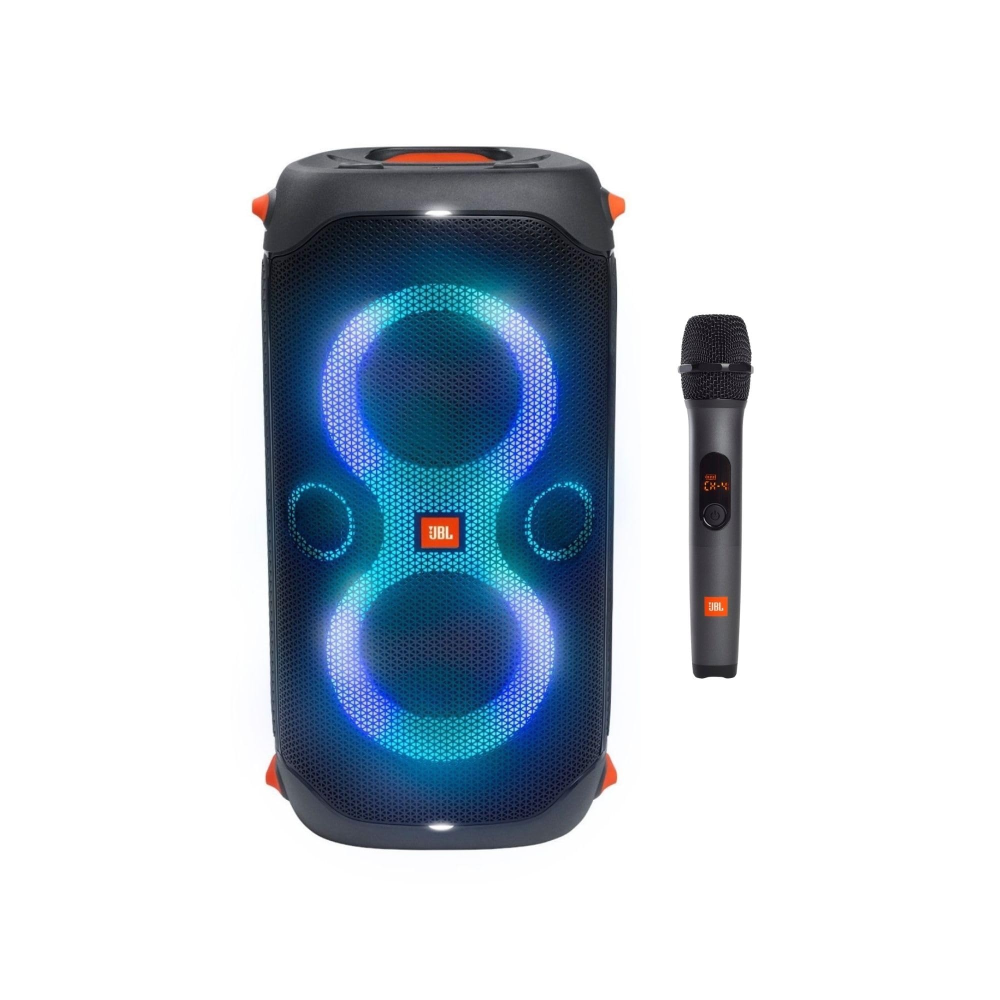 Black portable party speaker with blue LED rings and wireless handheld microphone.