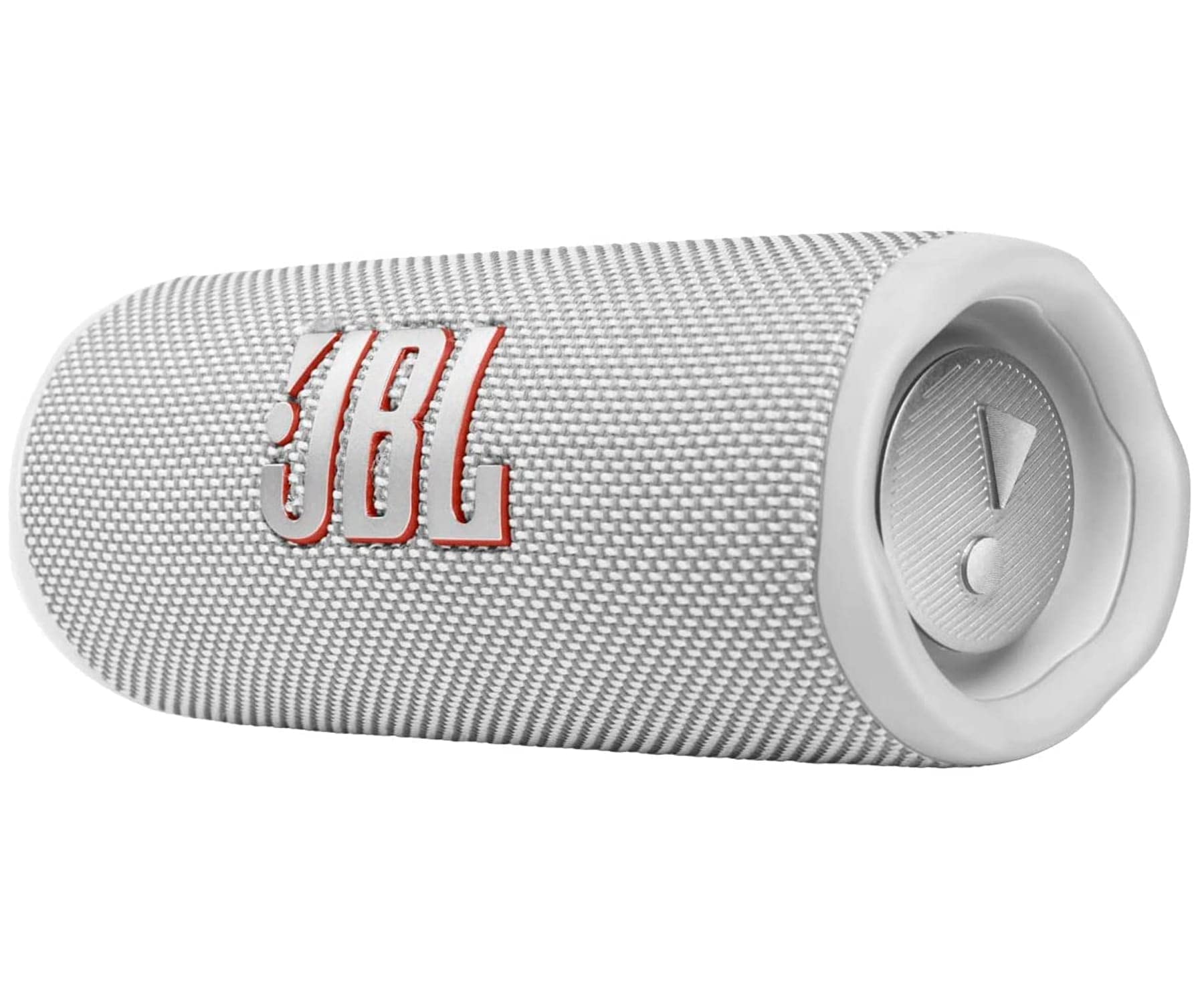 Portable JBL Flip 6 speaker in white fabric with JBL logo and side speaker controls