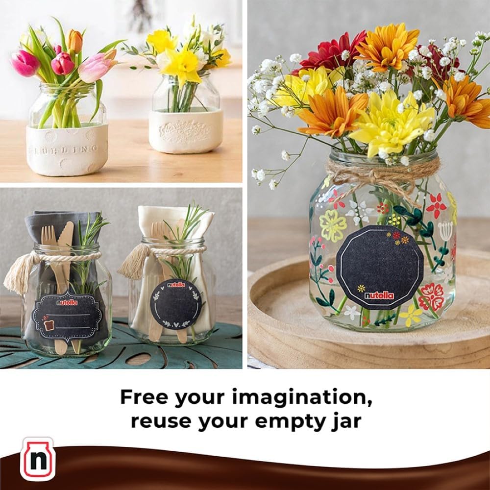 Nutella promotional jar base and floral scene with message about reusing empty jars