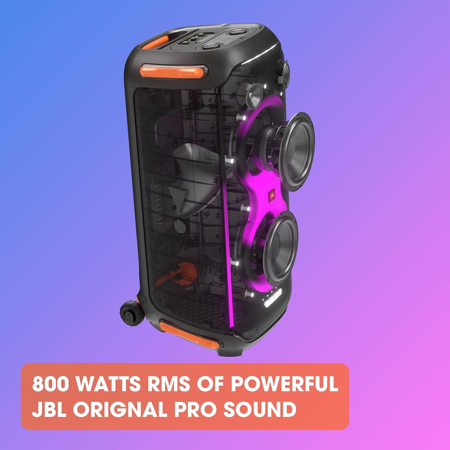 Black JBL PartyBox portable Bluetooth speaker with orange handle and purple light glow