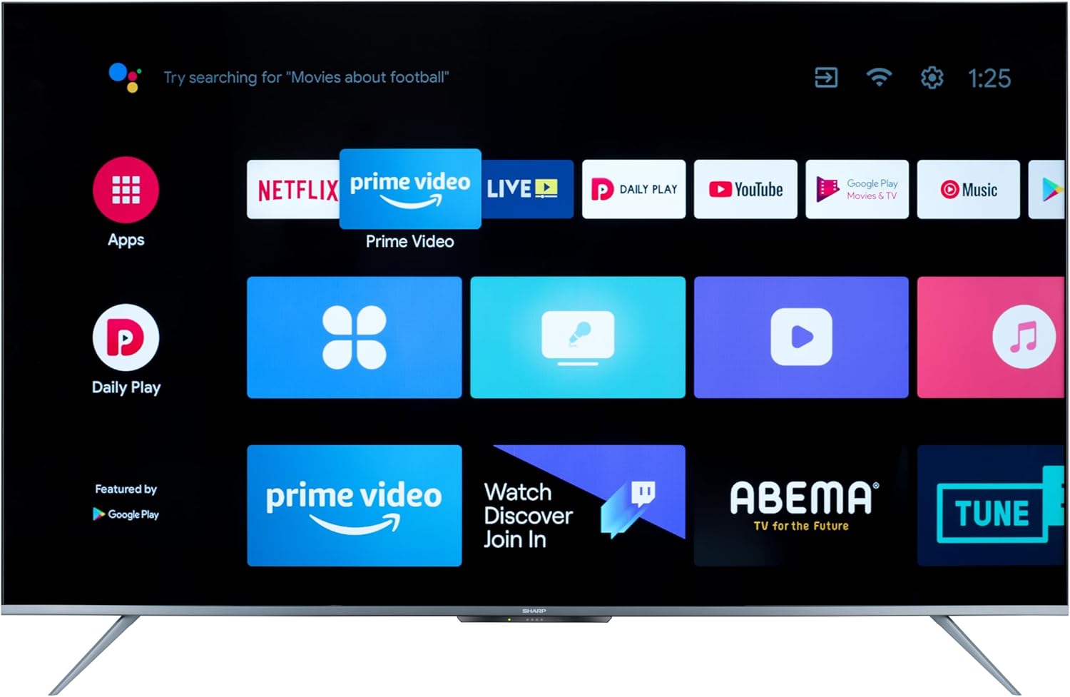 55-inch Sharp 4K smart LED TV showing streaming app menu on screen