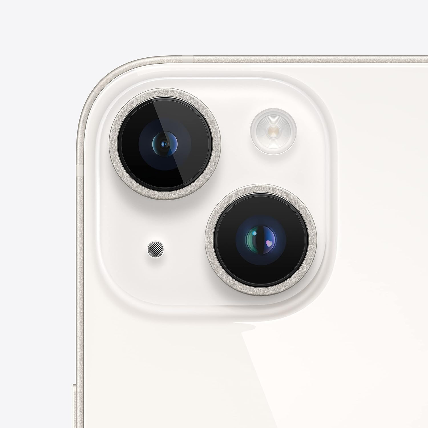 White smartphone rear camera close-up with two lens modules and flash