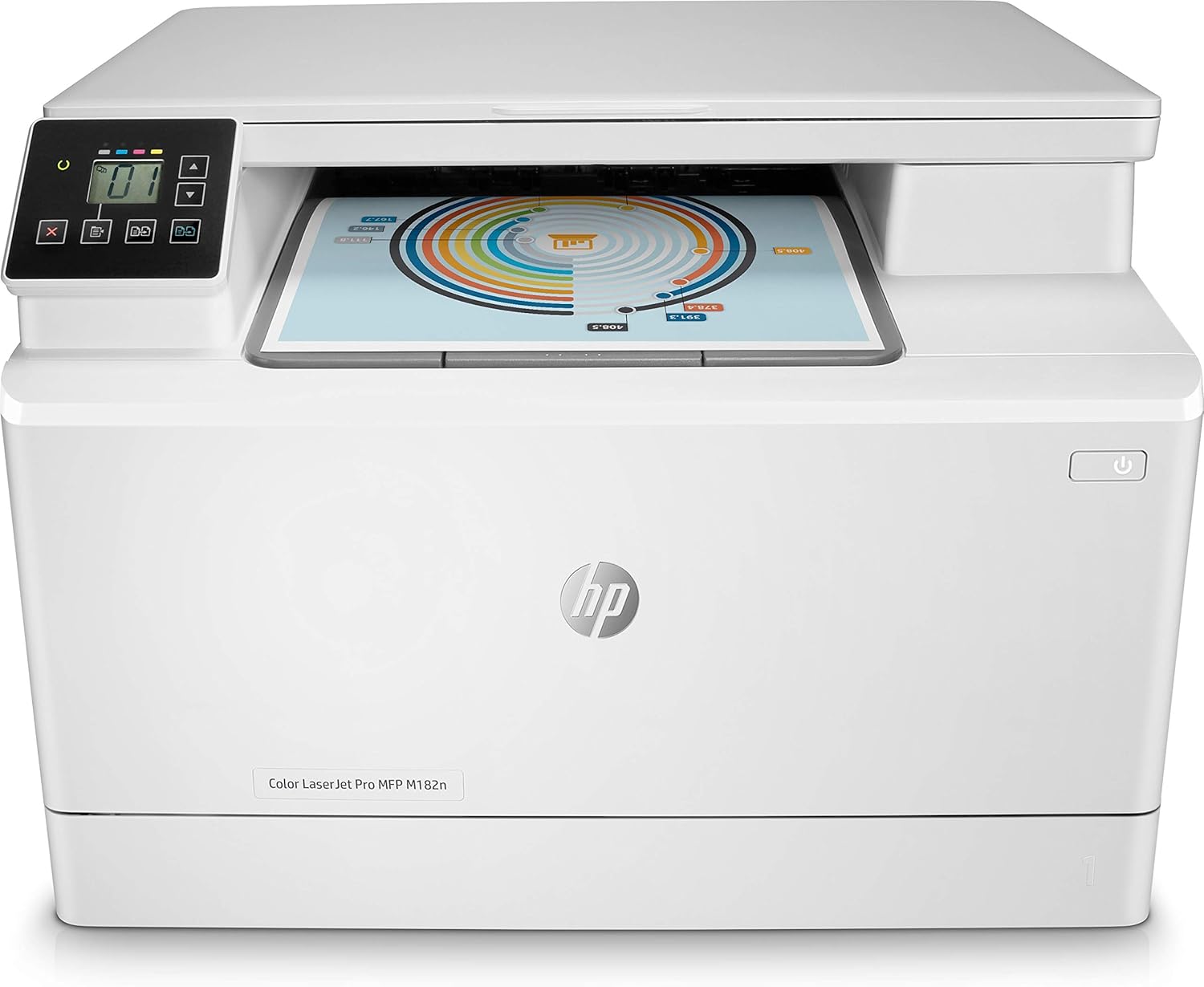 HP Color LaserJet Pro MFP M182n color laser printer with control panel and color graphic on screen
