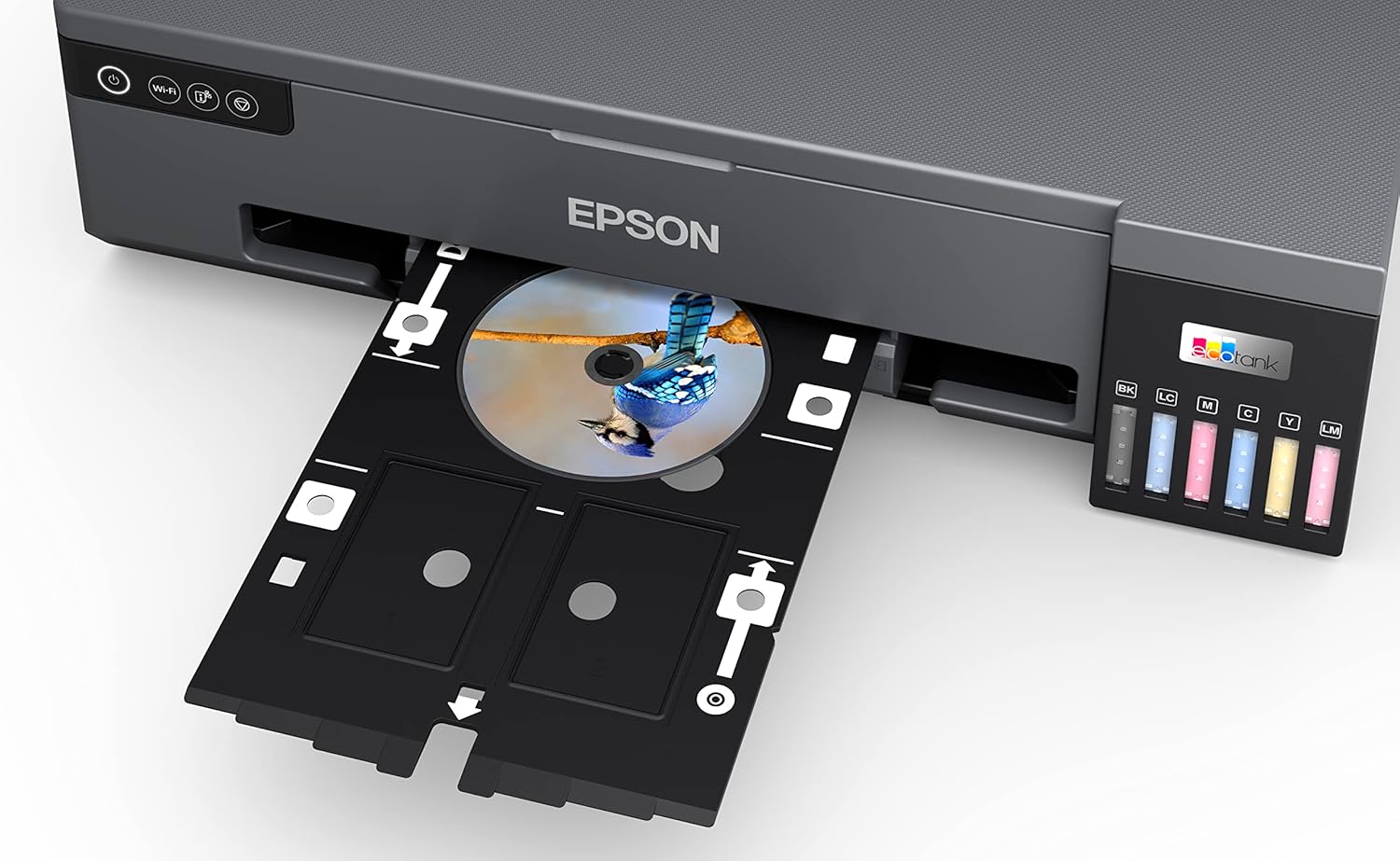 EPSON EcoTank L18050 A3 printer with disc printing tray and ink bottles visible