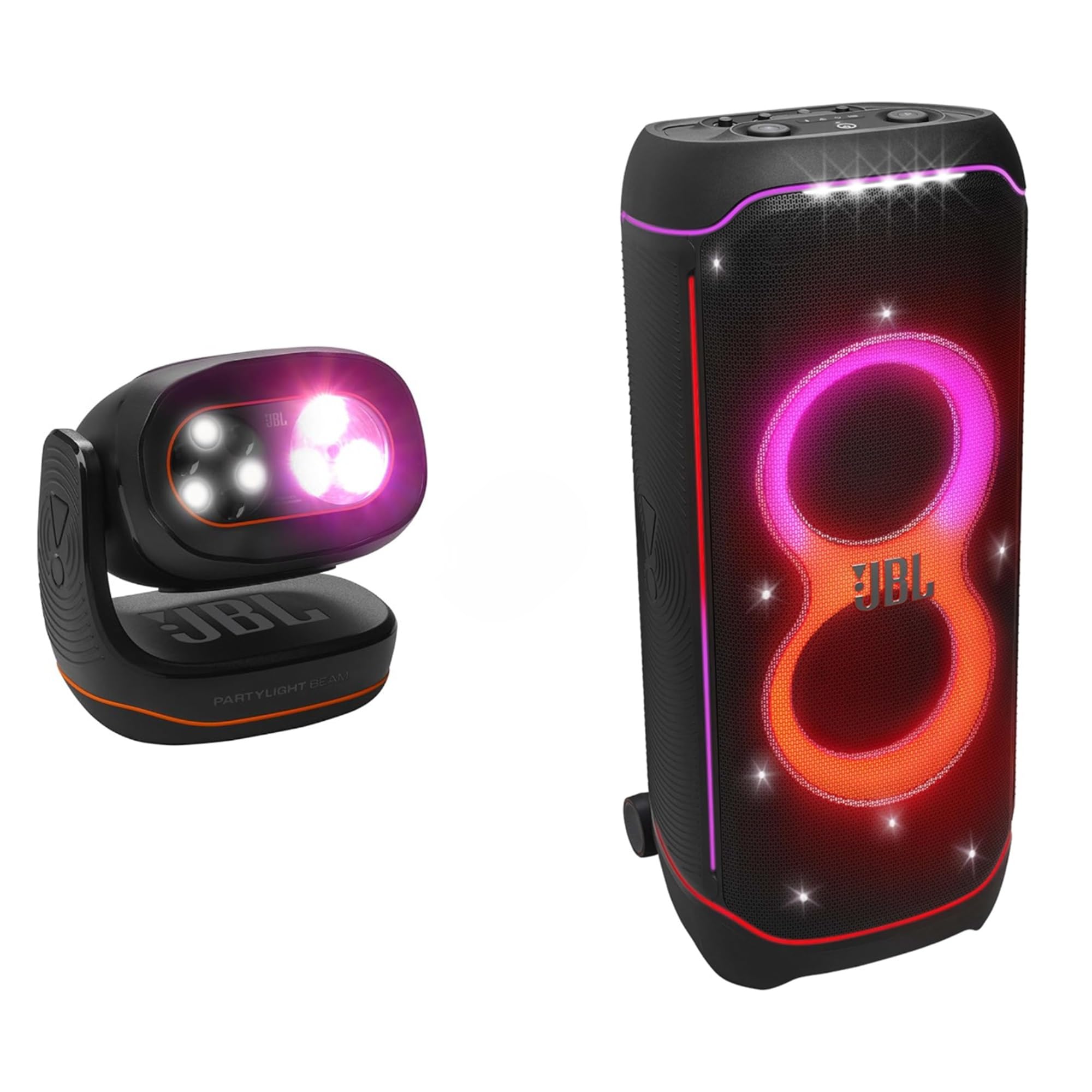 JBL PartyBox portable Bluetooth speaker with pink and orange lights plus wireless mic