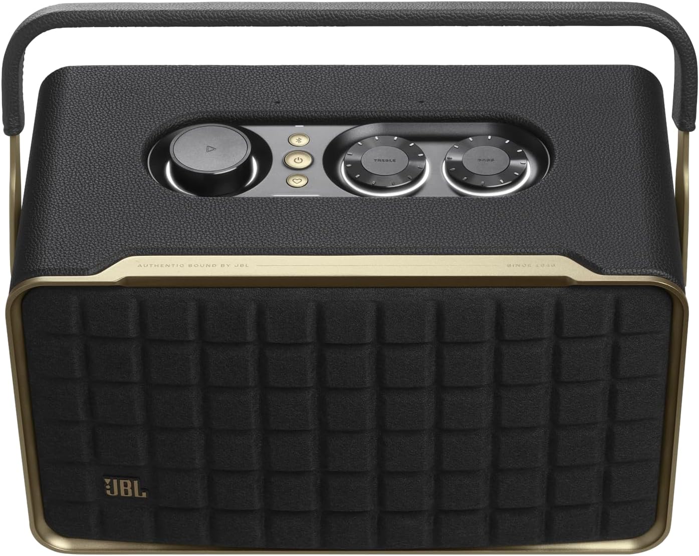 Black smart home speaker with top controls and JBL logo detail on front grille
