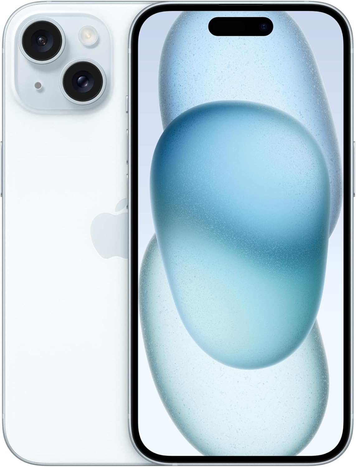 Apple iPhone 15 in blue, front and back view with dual camera lenses