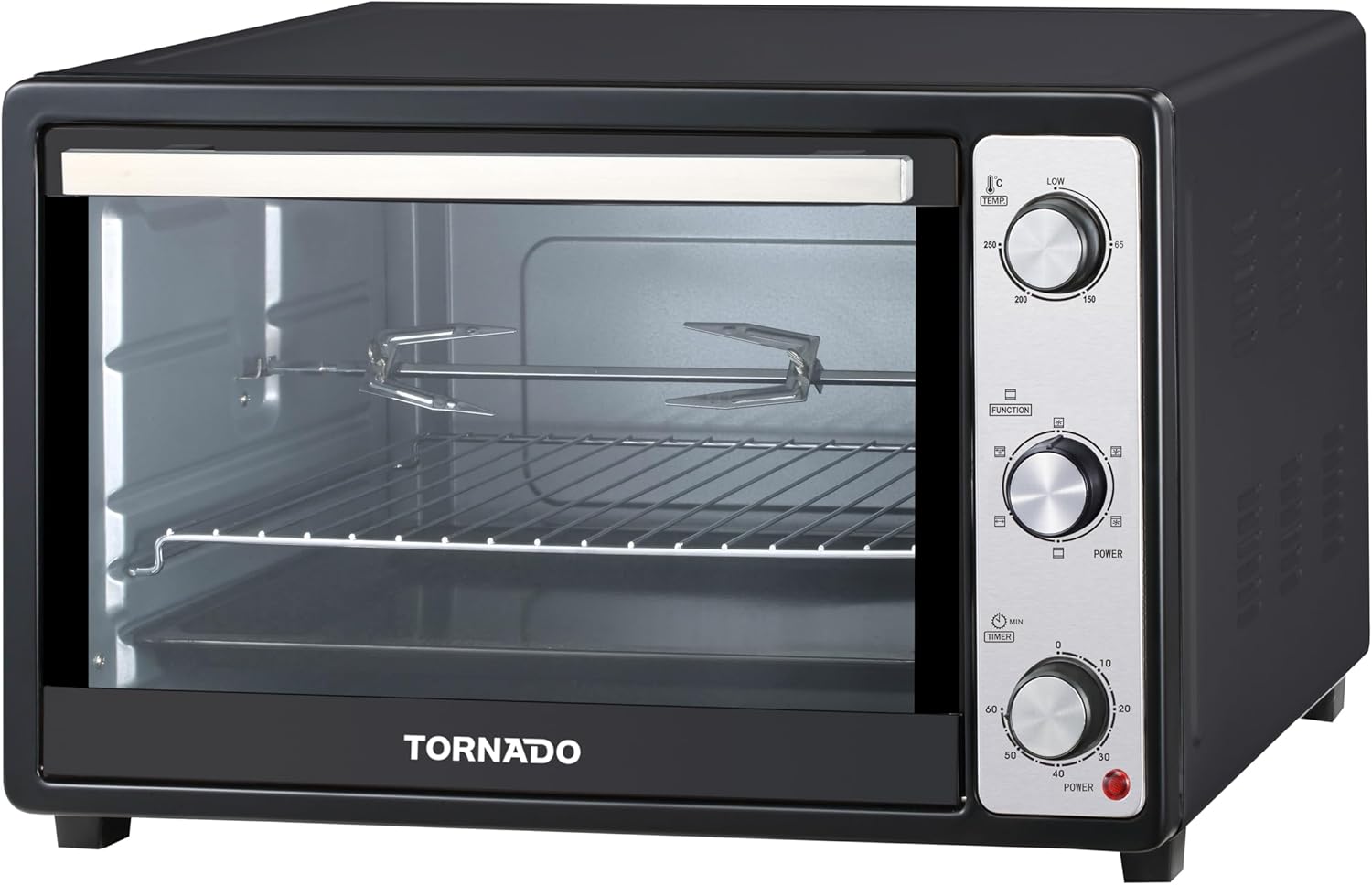 Electric microwave oven with grill, black door and glass window, front control knobs