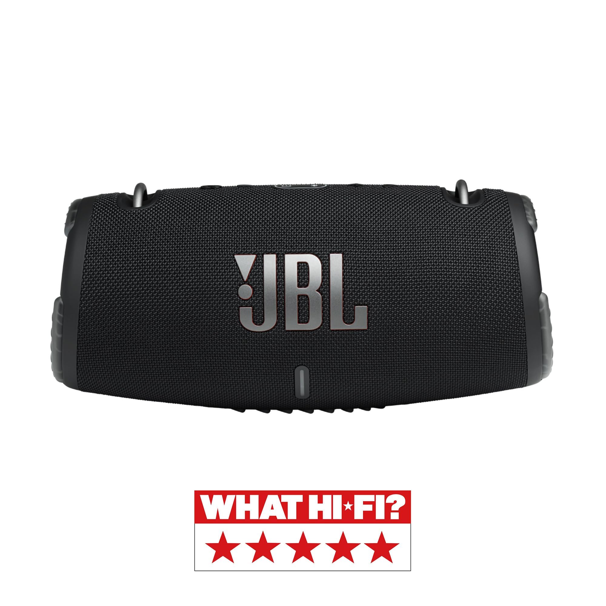 Portable waterproof speaker with JBL logo on dark grille and rounded end caps