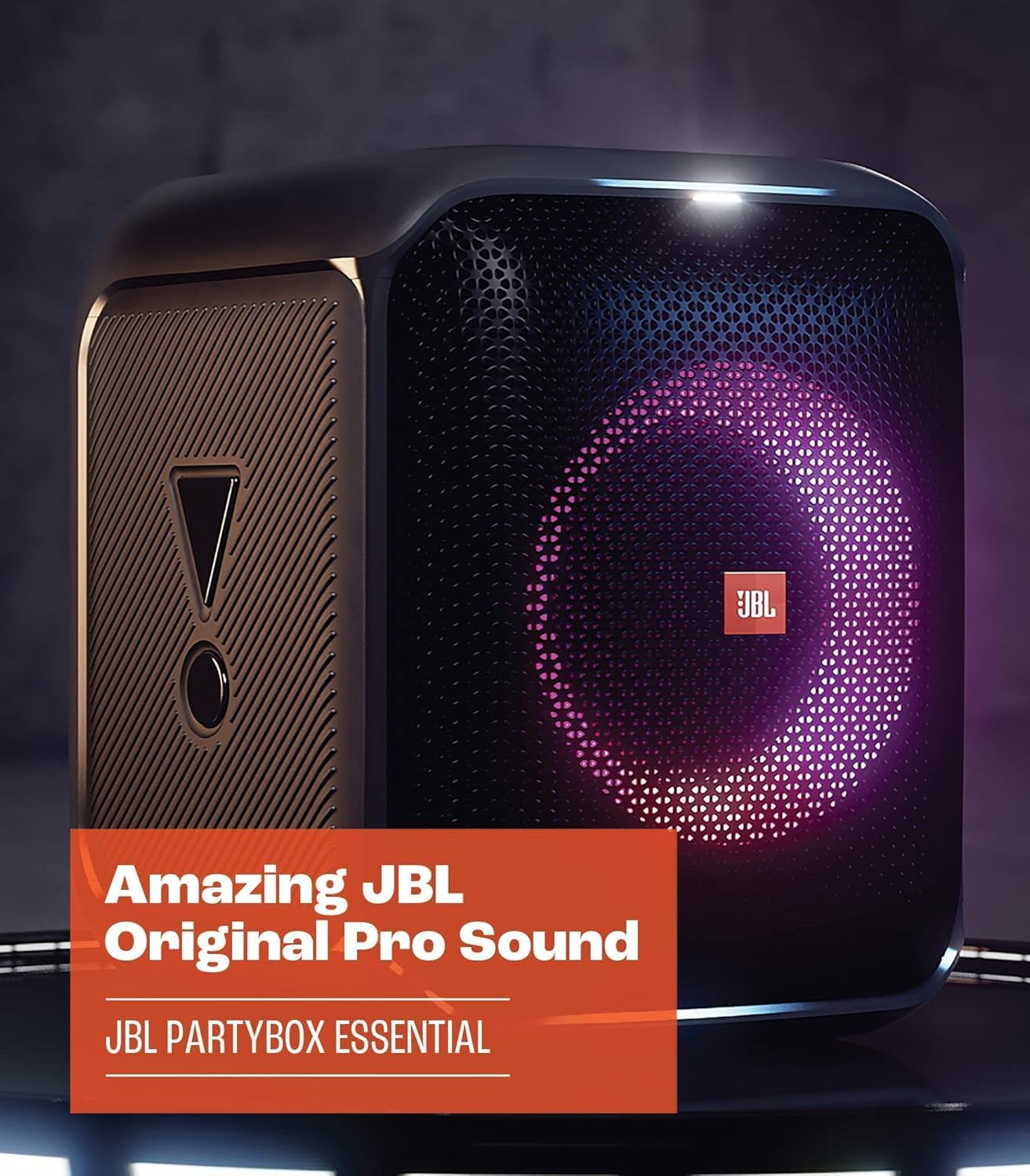 Black portable Bluetooth speaker with purple LED light ring under low light