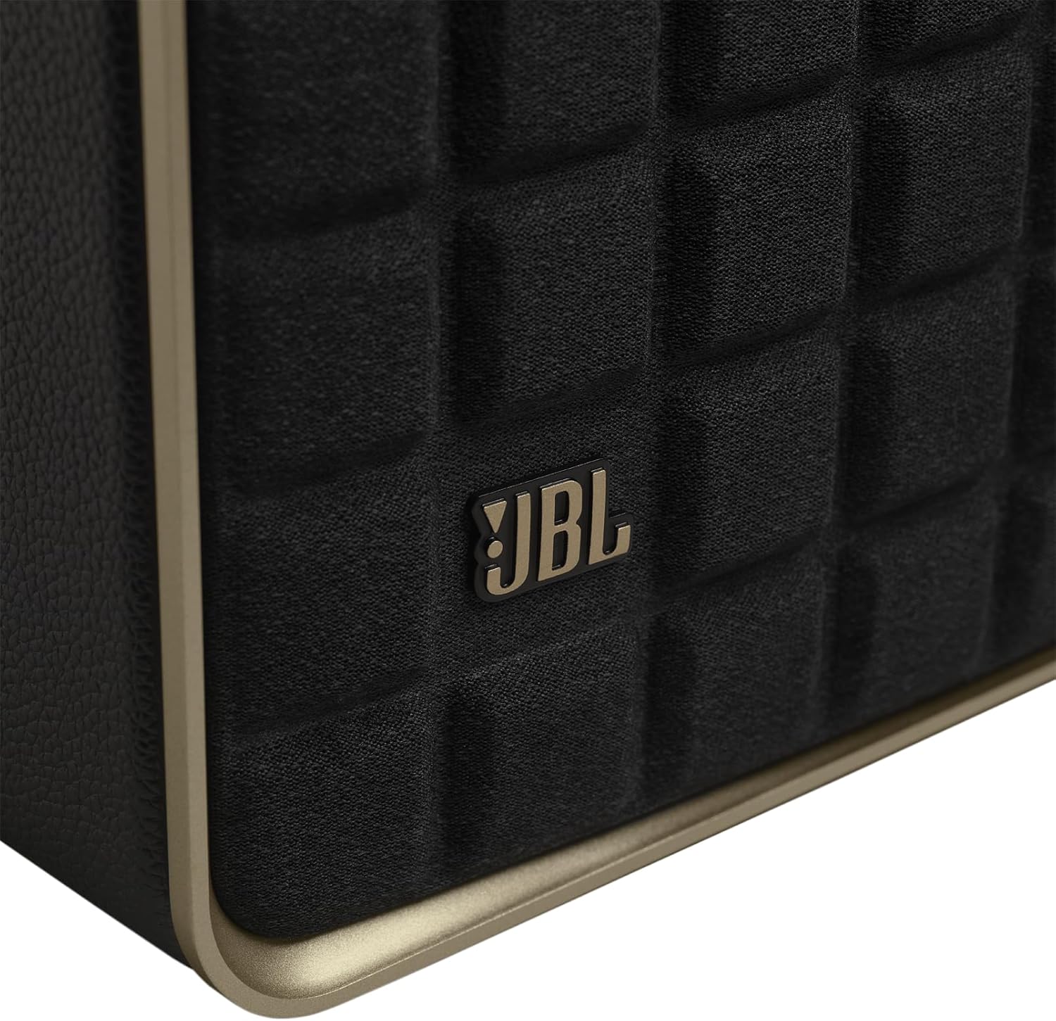 JBL retro smart speaker grille with JBL logo on textured black fabric panel