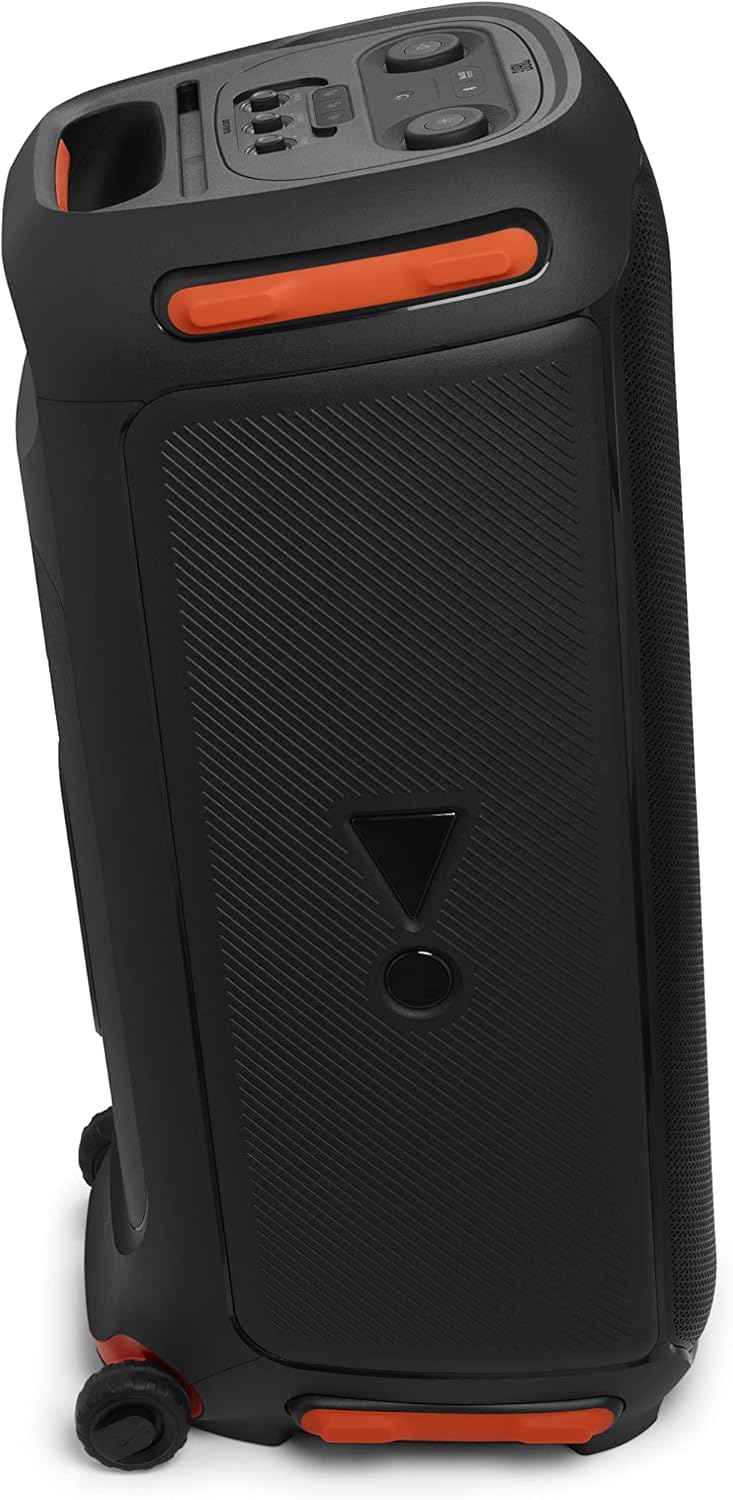 Black portable Bluetooth speaker rear view with orange control bar and side wheel feet