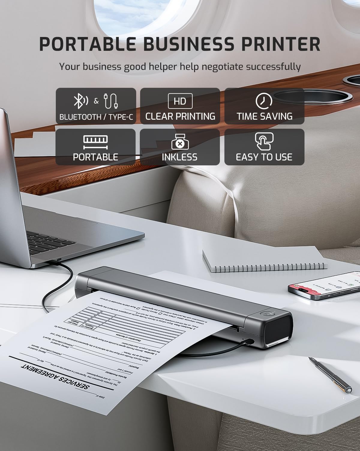 Portable business inkless thermal A4 printer on desk with printed pages