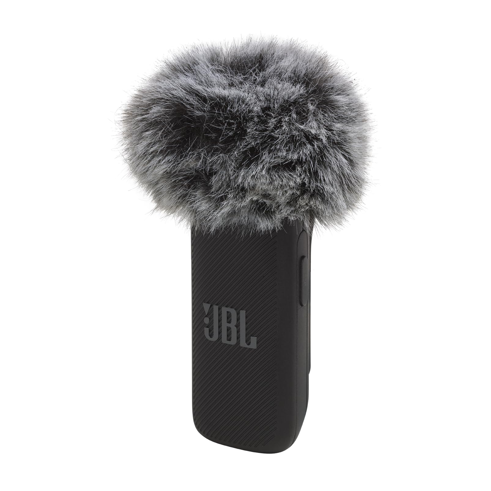 Black handheld dynamic microphone with gray fuzzy windscreen and wire-mesh grille