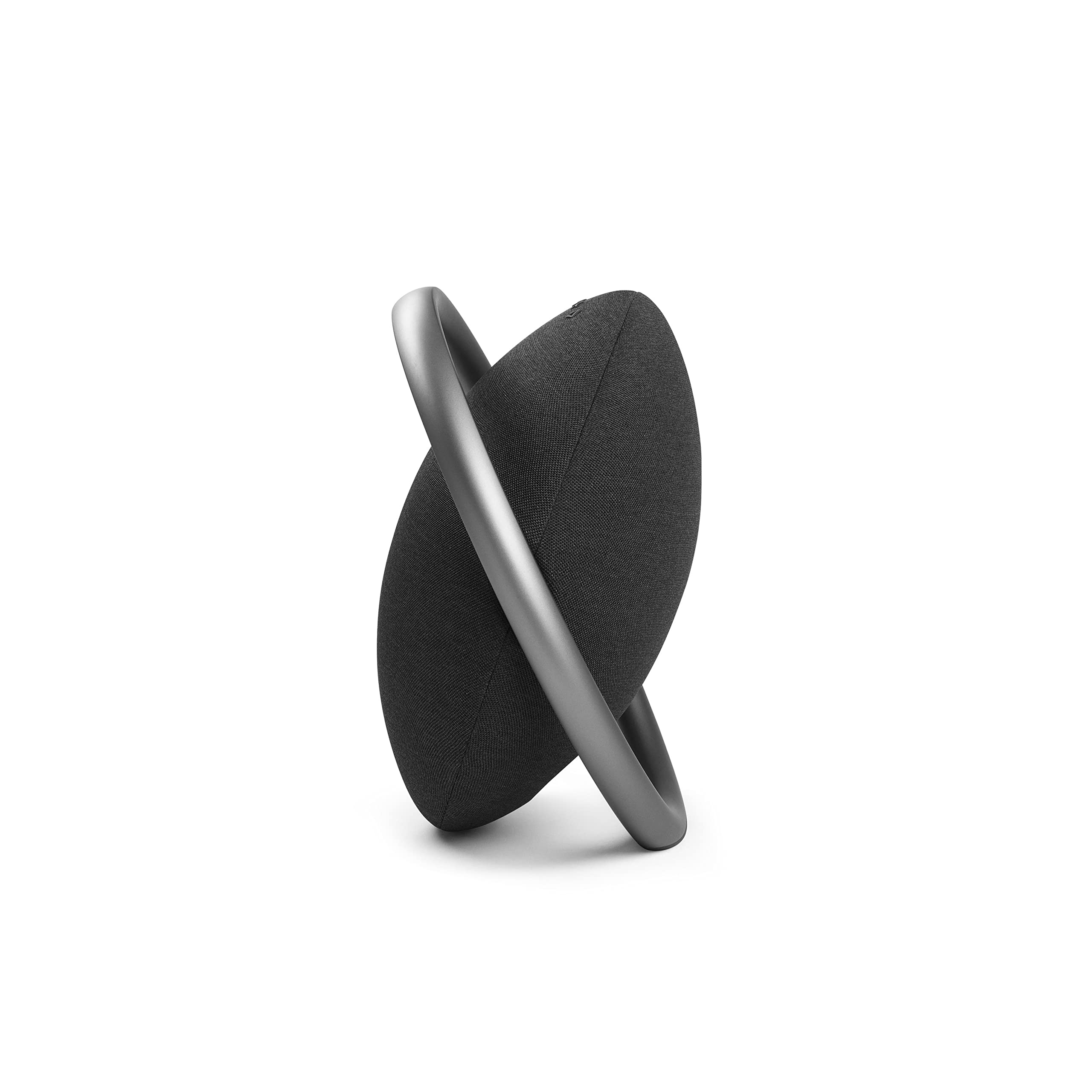 Portable Bluetooth speaker in black fabric with side view of silver handle