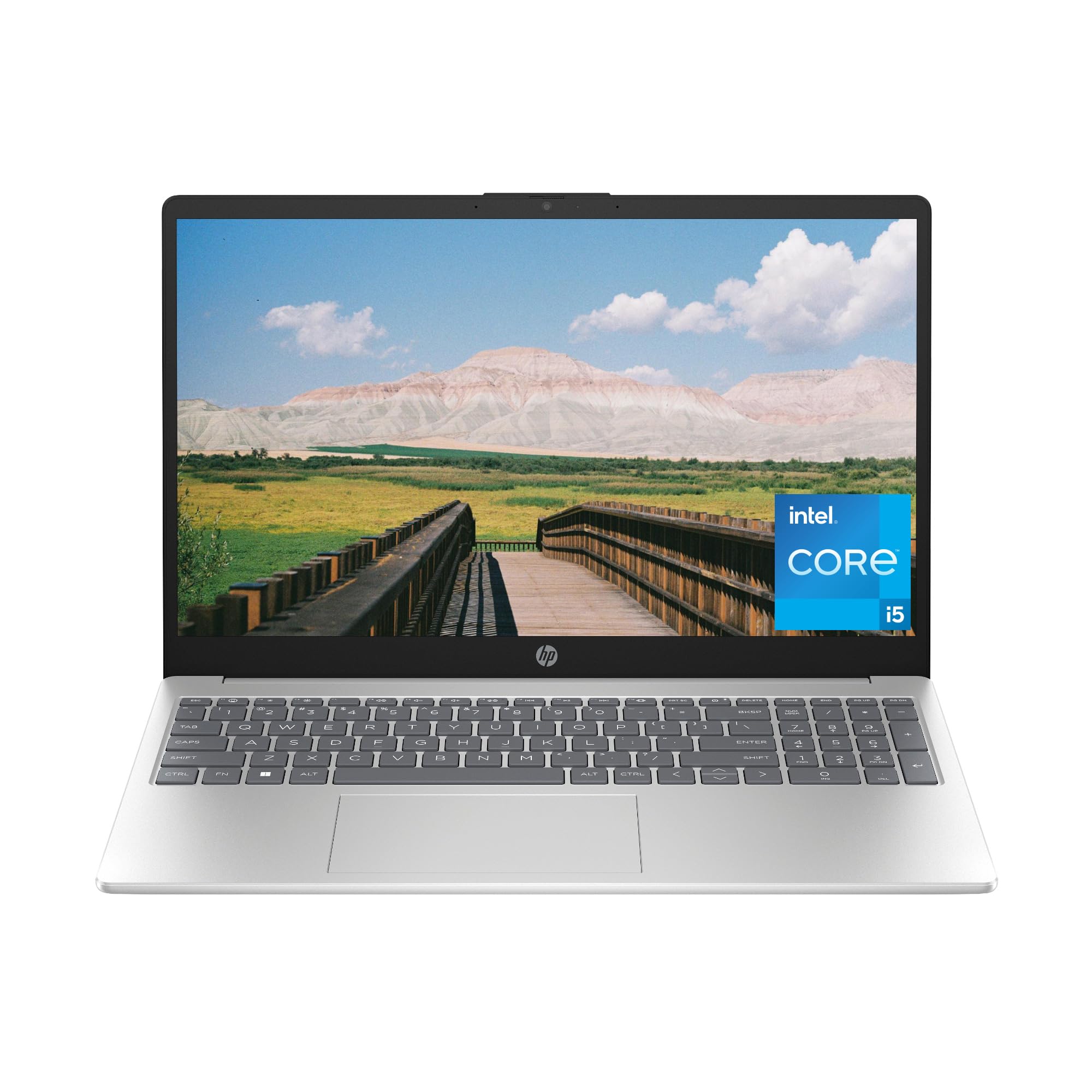 Silver HP laptop open, showing HD landscape screen and black keyboard