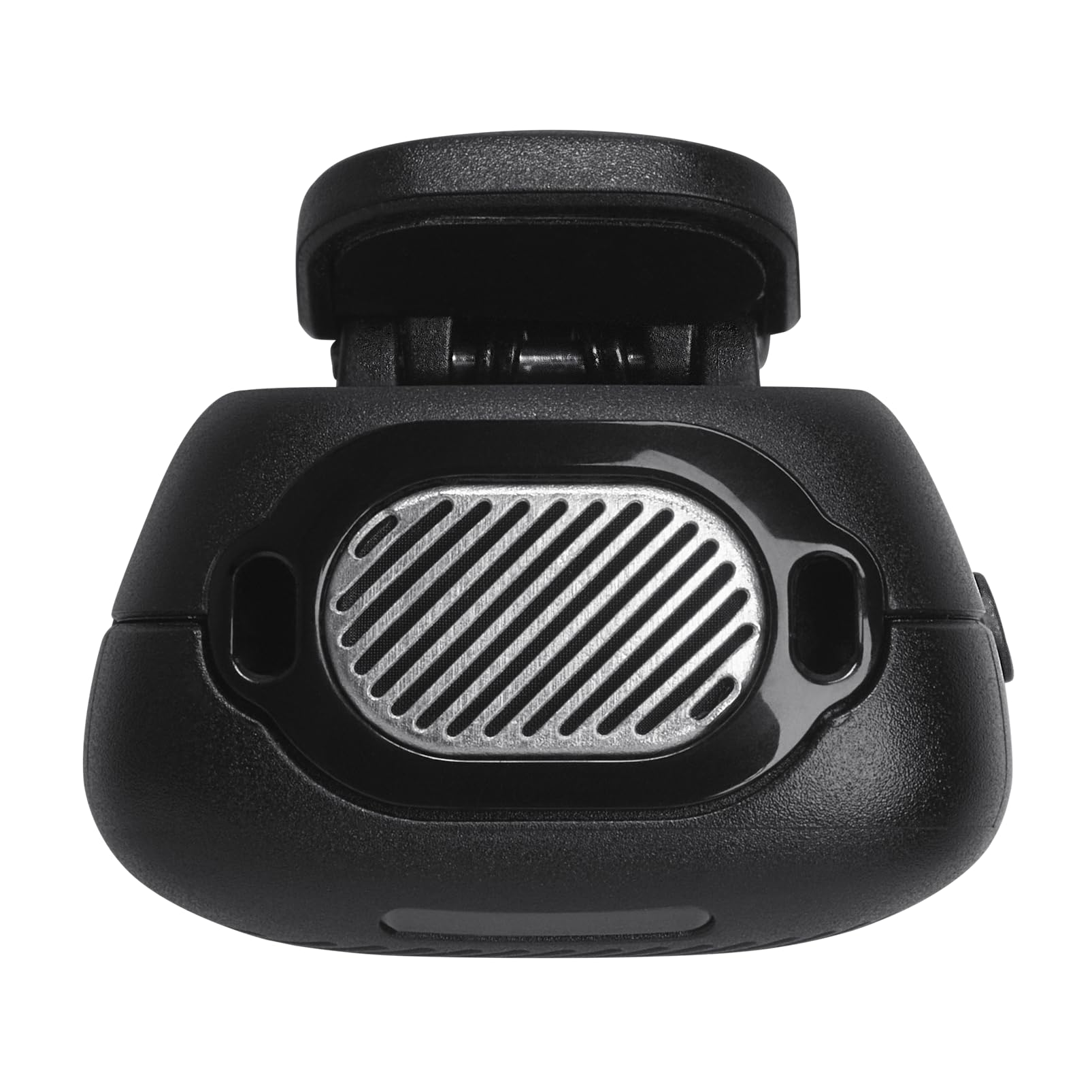 Black JBL earbuds charging case front view with speaker-like vent grille