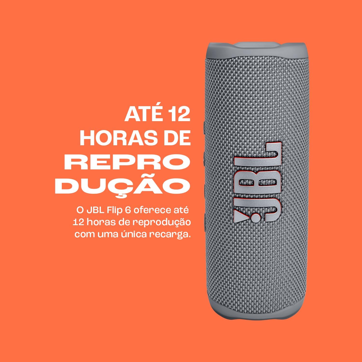 Blue portable speaker on battery-life graphic background, with JBL control panel