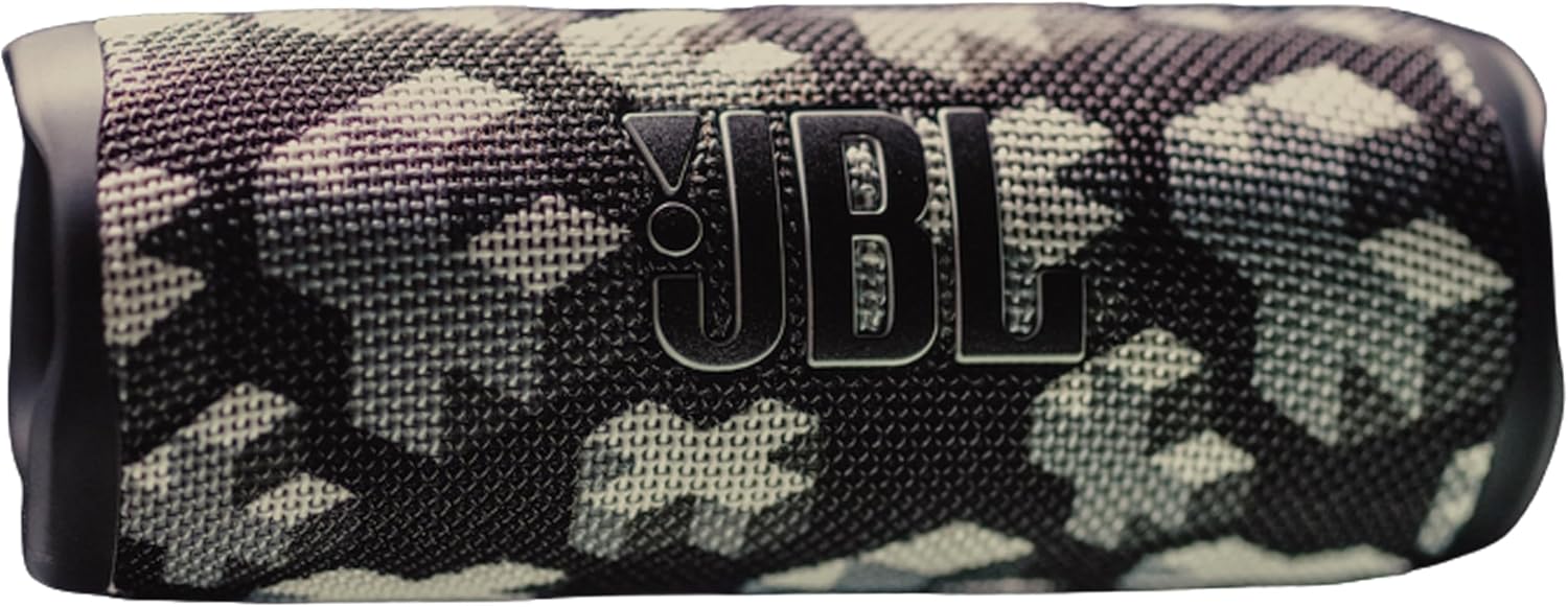 JBL Flip 6 portable speaker with dark camouflage fabric and JBL logo
