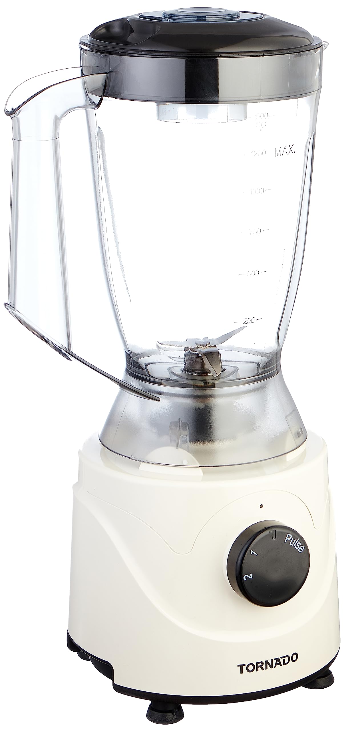 White electric blender with clear blending jar, metal blade base, and control knob