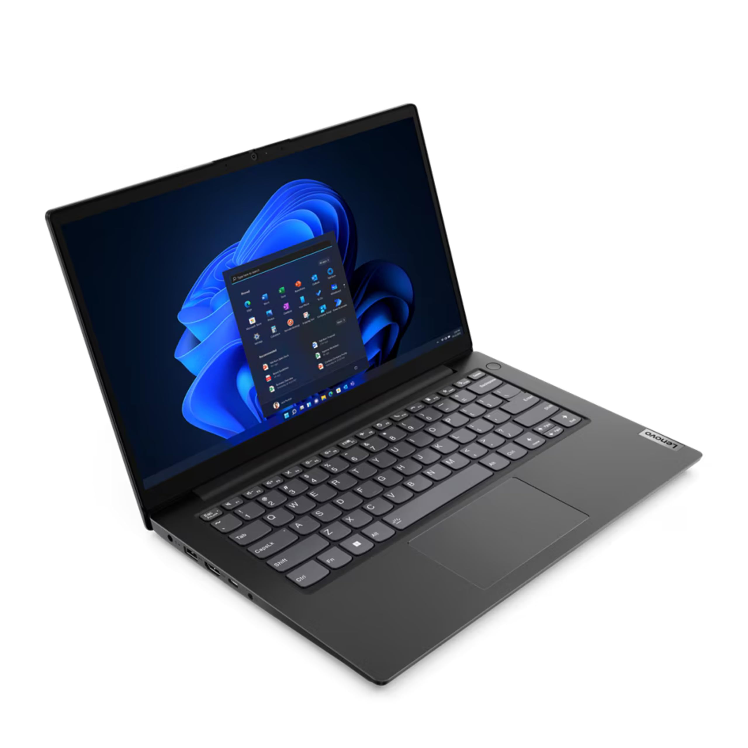Black Lenovo laptop angled open, keyboard and 14-inch display with Windows 11
