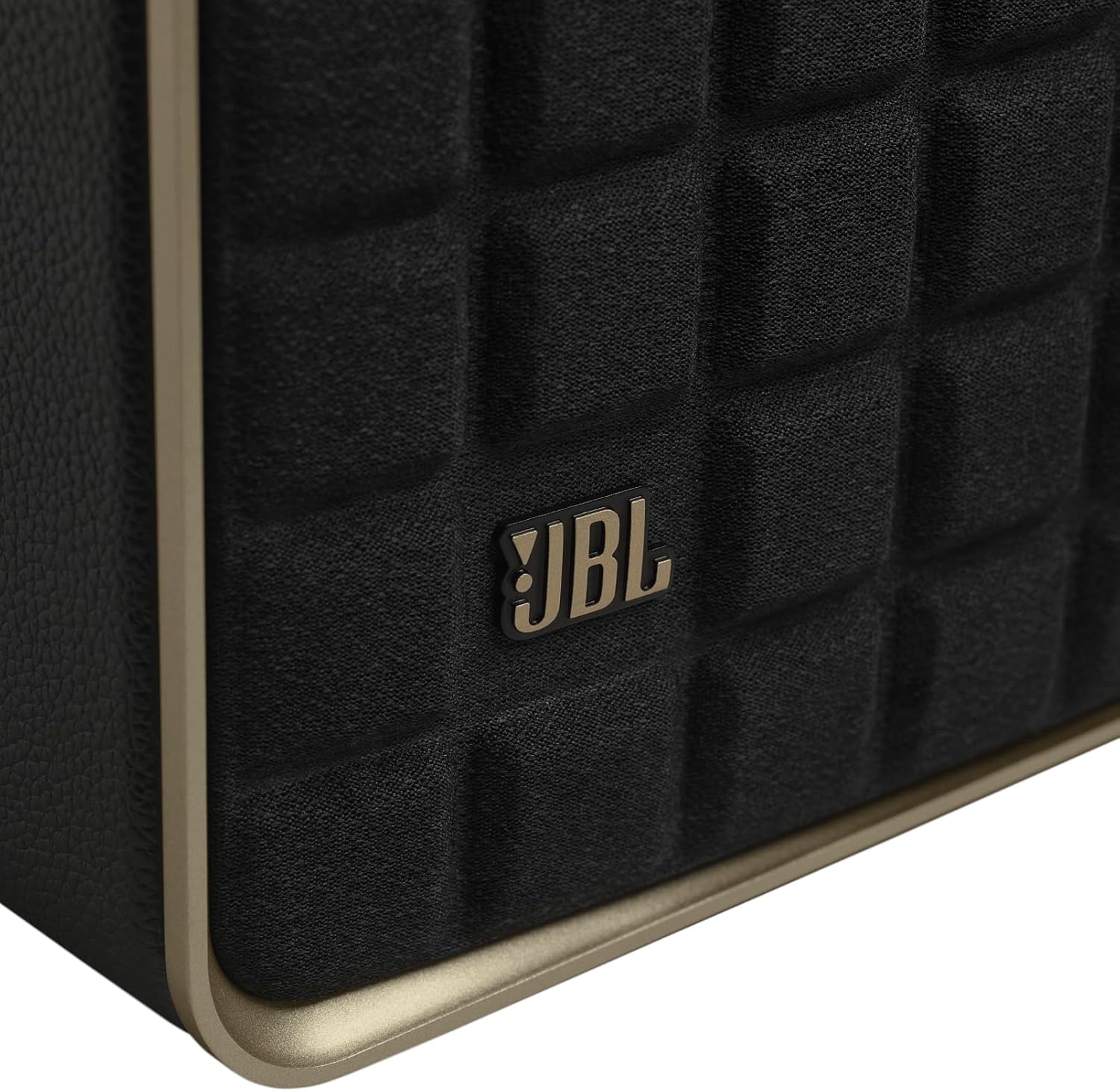Black textured speaker side with JBL logo and gold-tone trim at edges