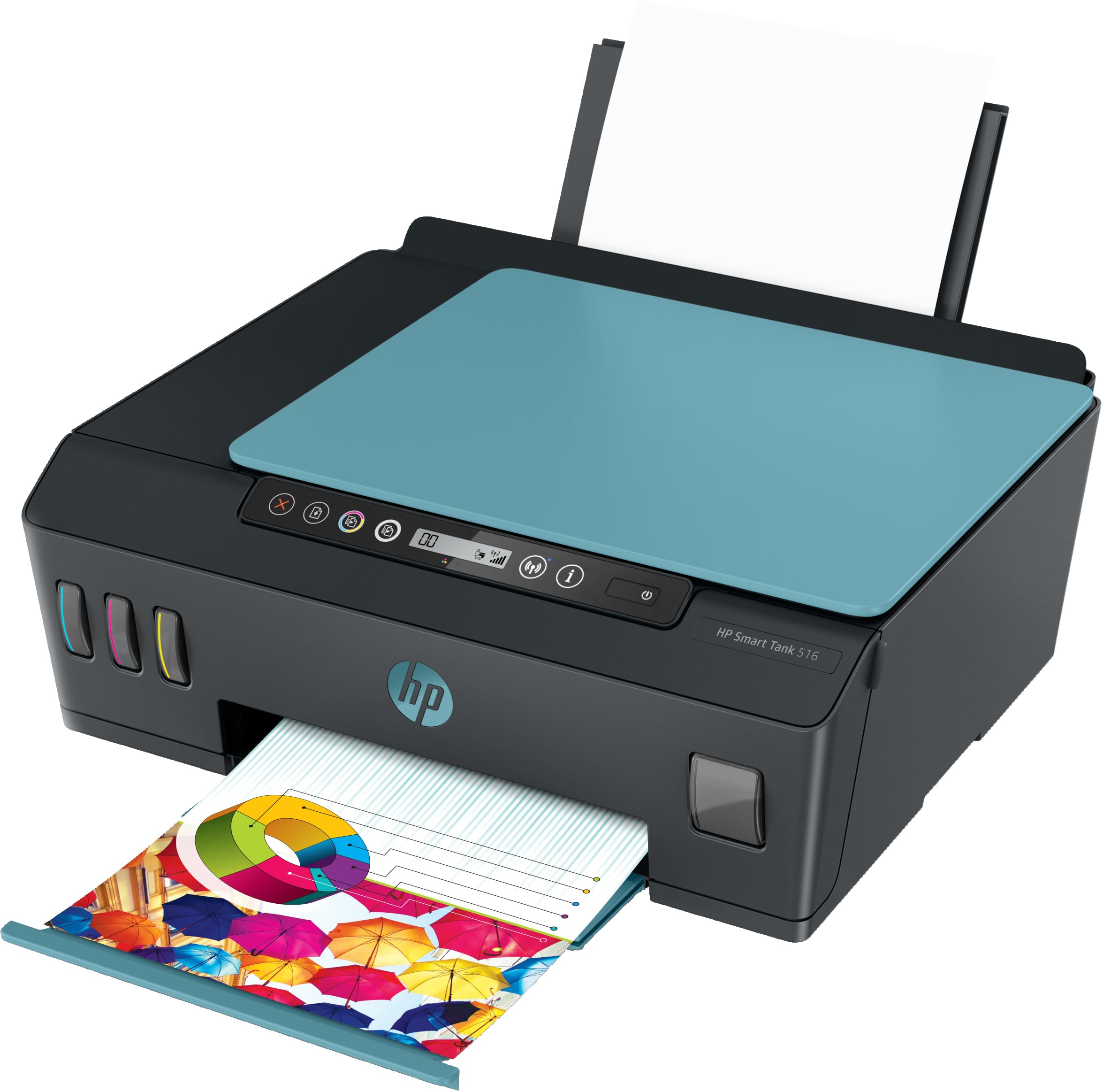 Black HP all-in-one inkjet printer with blue top cover and paper tray printing