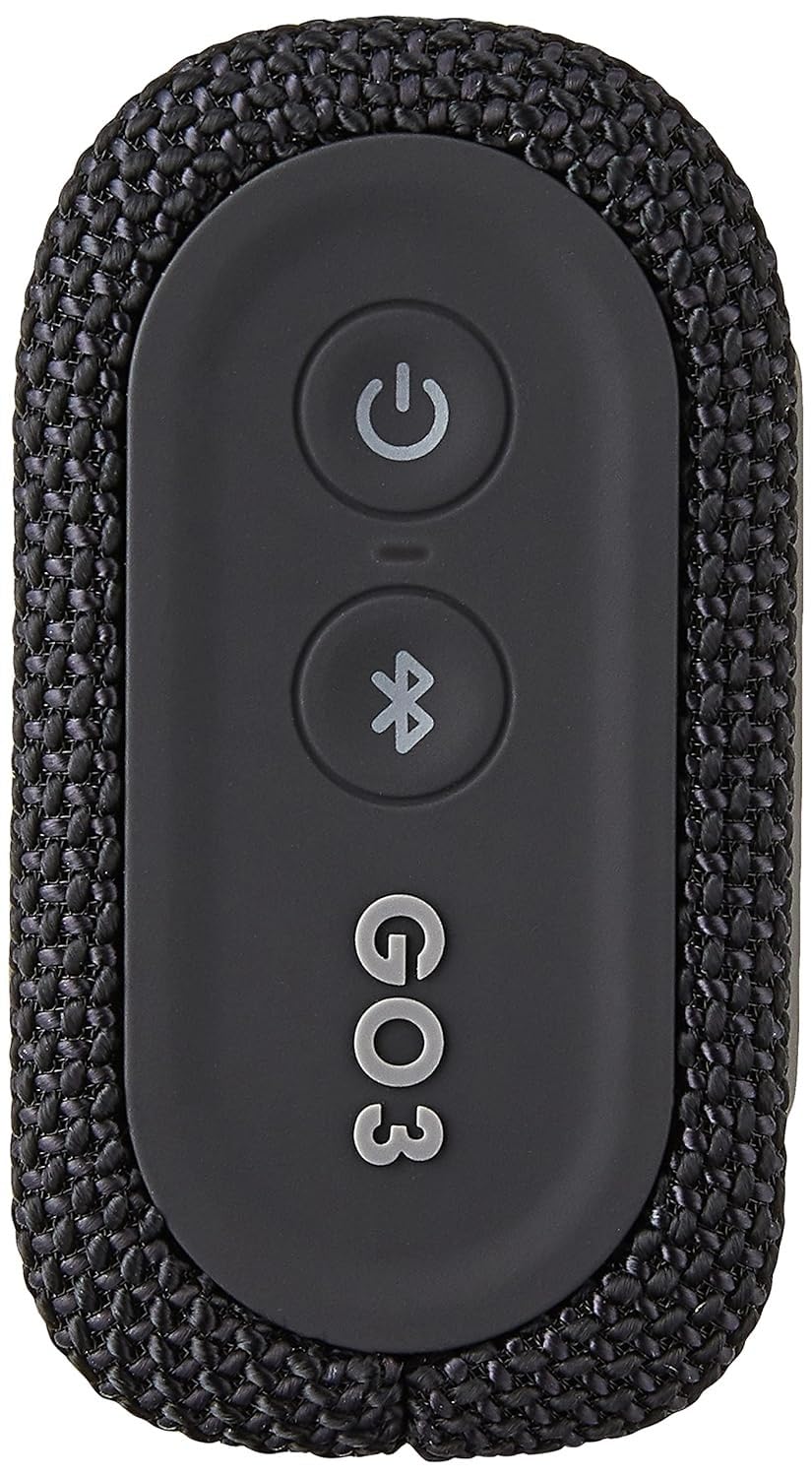 Black JBL GO 3 speaker front with power and Bluetooth buttons