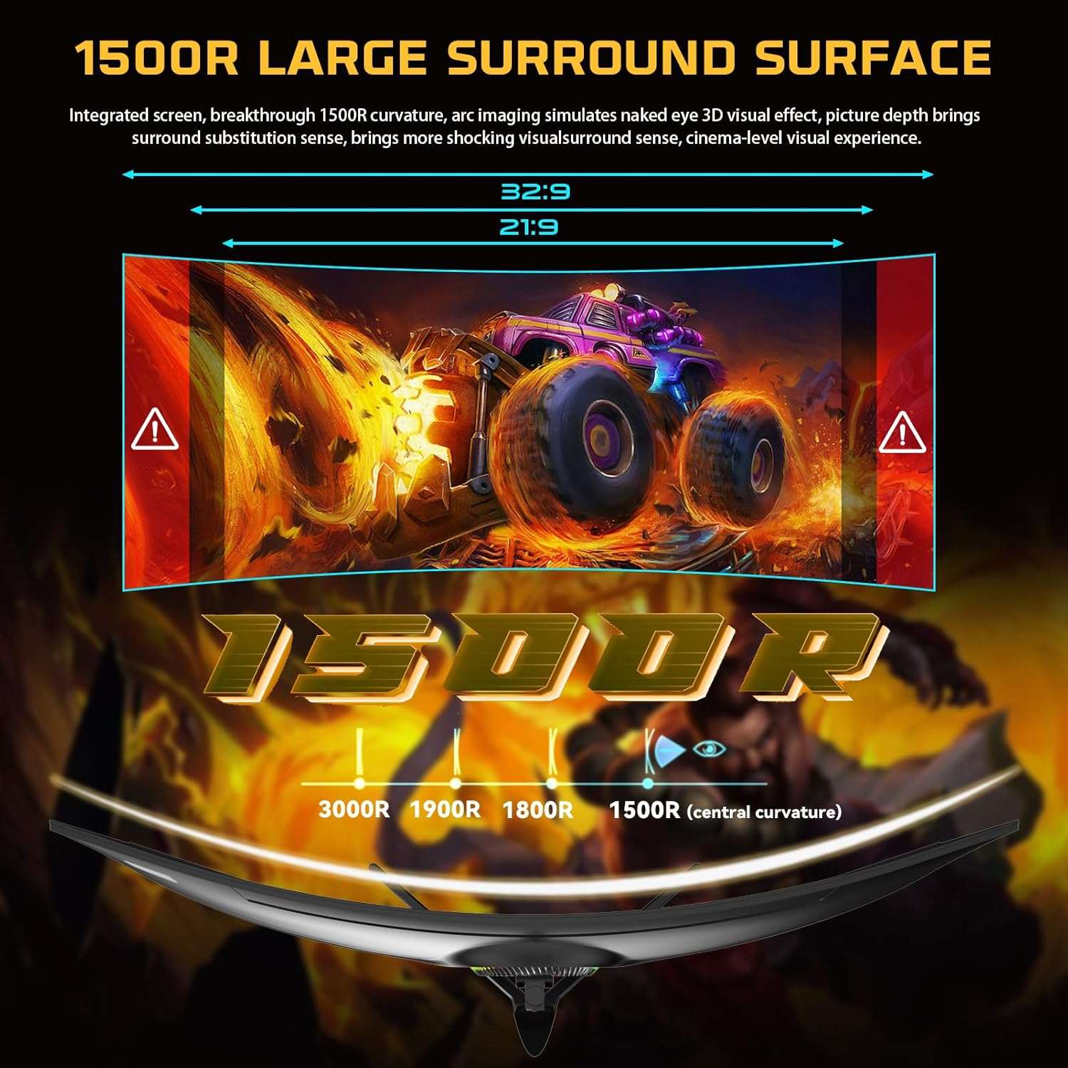 Curved 49-inch gaming monitor highlighting 1500R large surround viewing arc