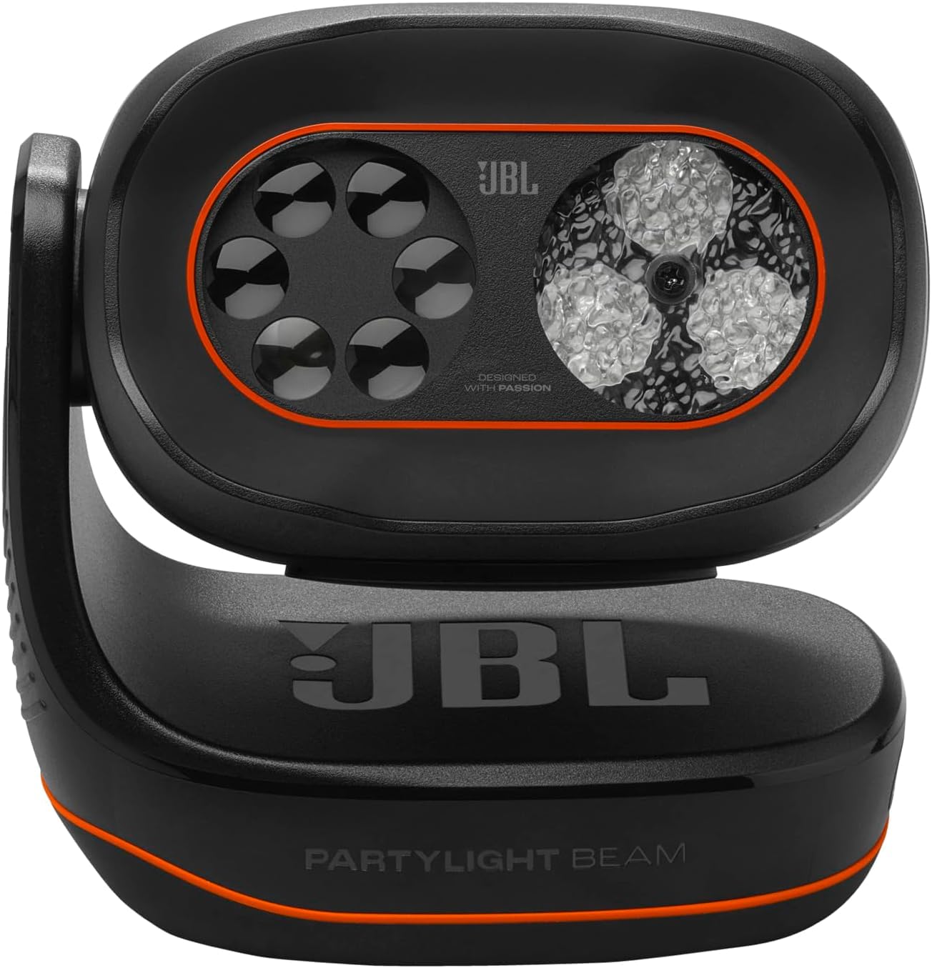 Portable Bluetooth speaker top with PARTYLIGHT BEAM logo and multicolor light display