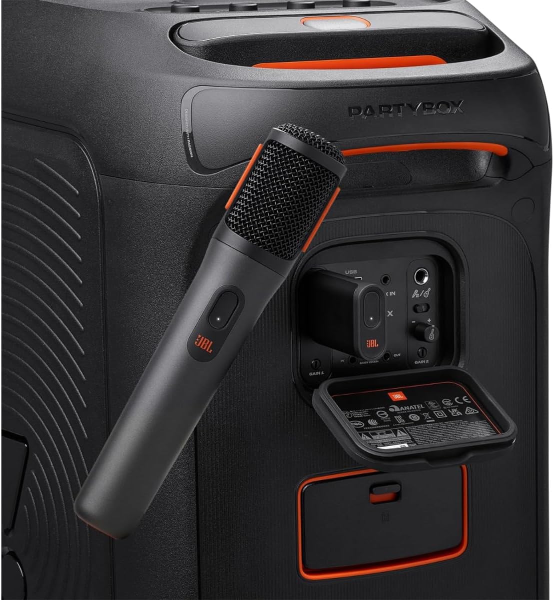Portable Bluetooth speaker with handheld microphone dock and front input controls