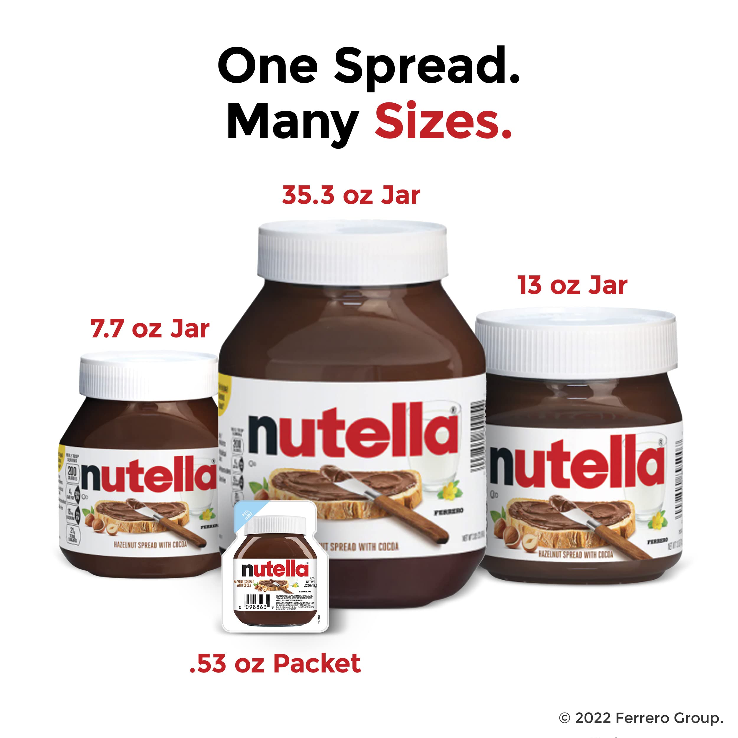 Nutella spread set with three jars and small packet showing multiple sizes