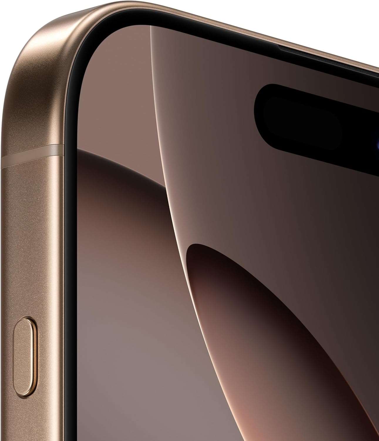 Gold titanium iPhone close-up showing side button and curved dark display edge