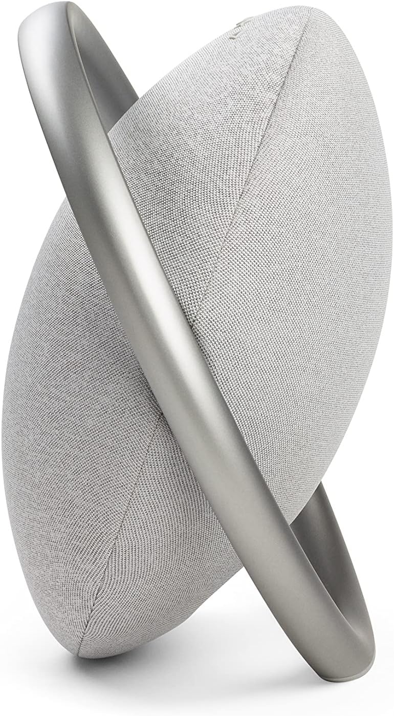 Portable Bluetooth speaker by Harman Kardon, light gray fabric grille, metal handle