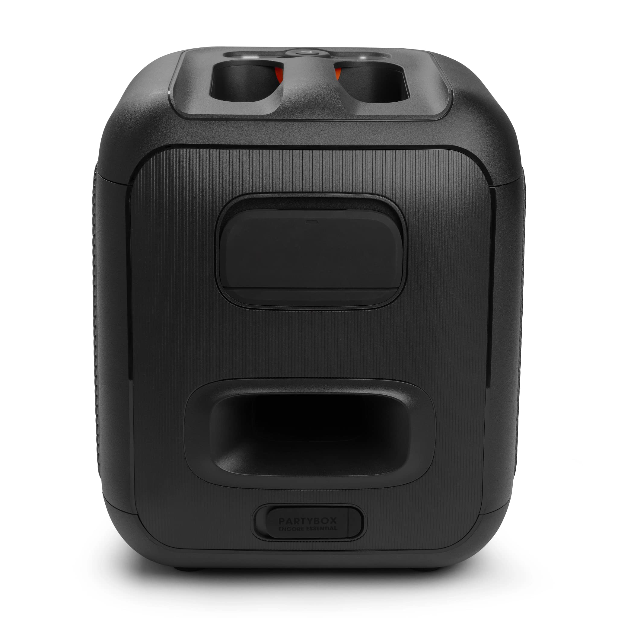 Black portable Bluetooth speaker rear panel with carry handle and recessed ports