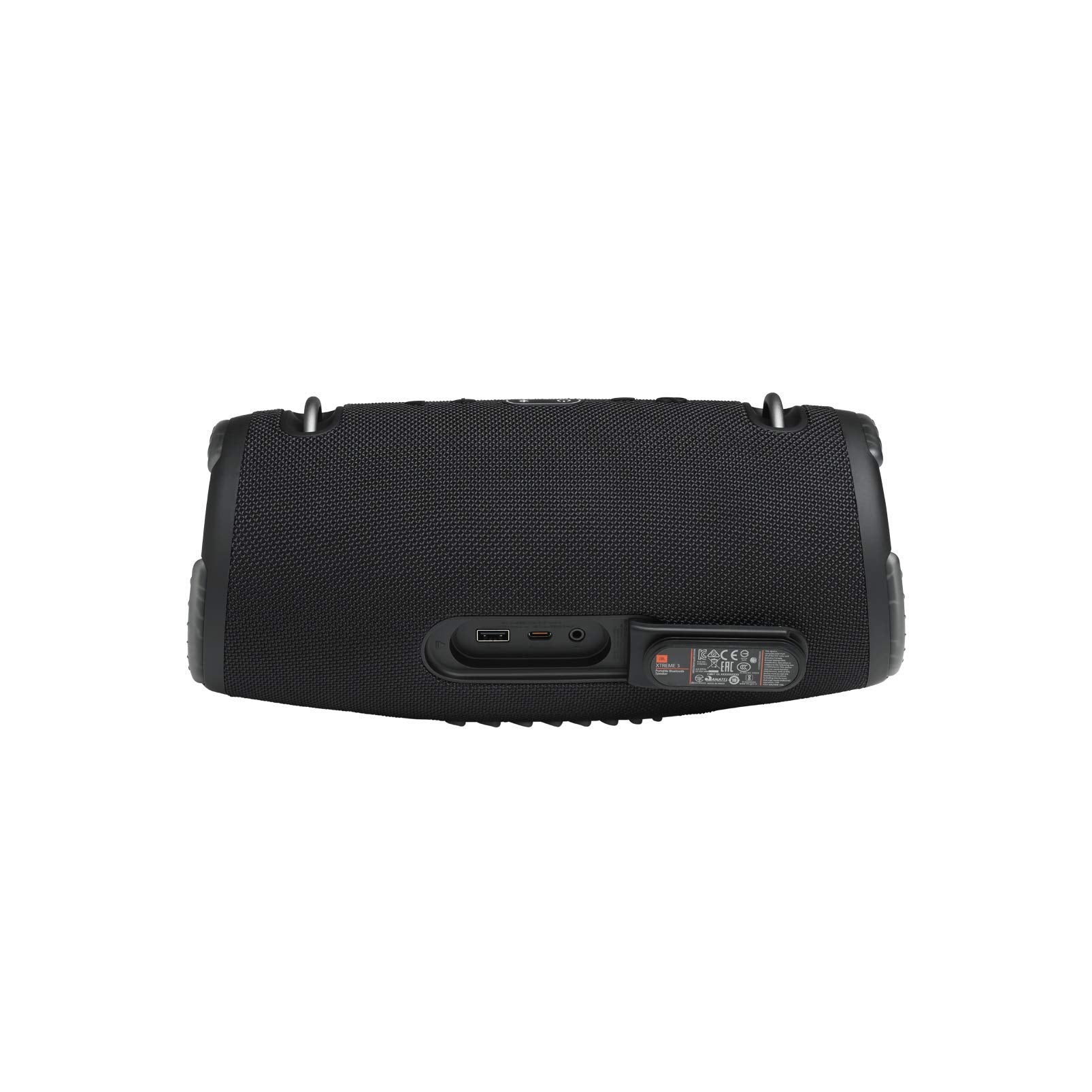 Portable waterproof speaker with dark fabric back panel and charging/controls ports