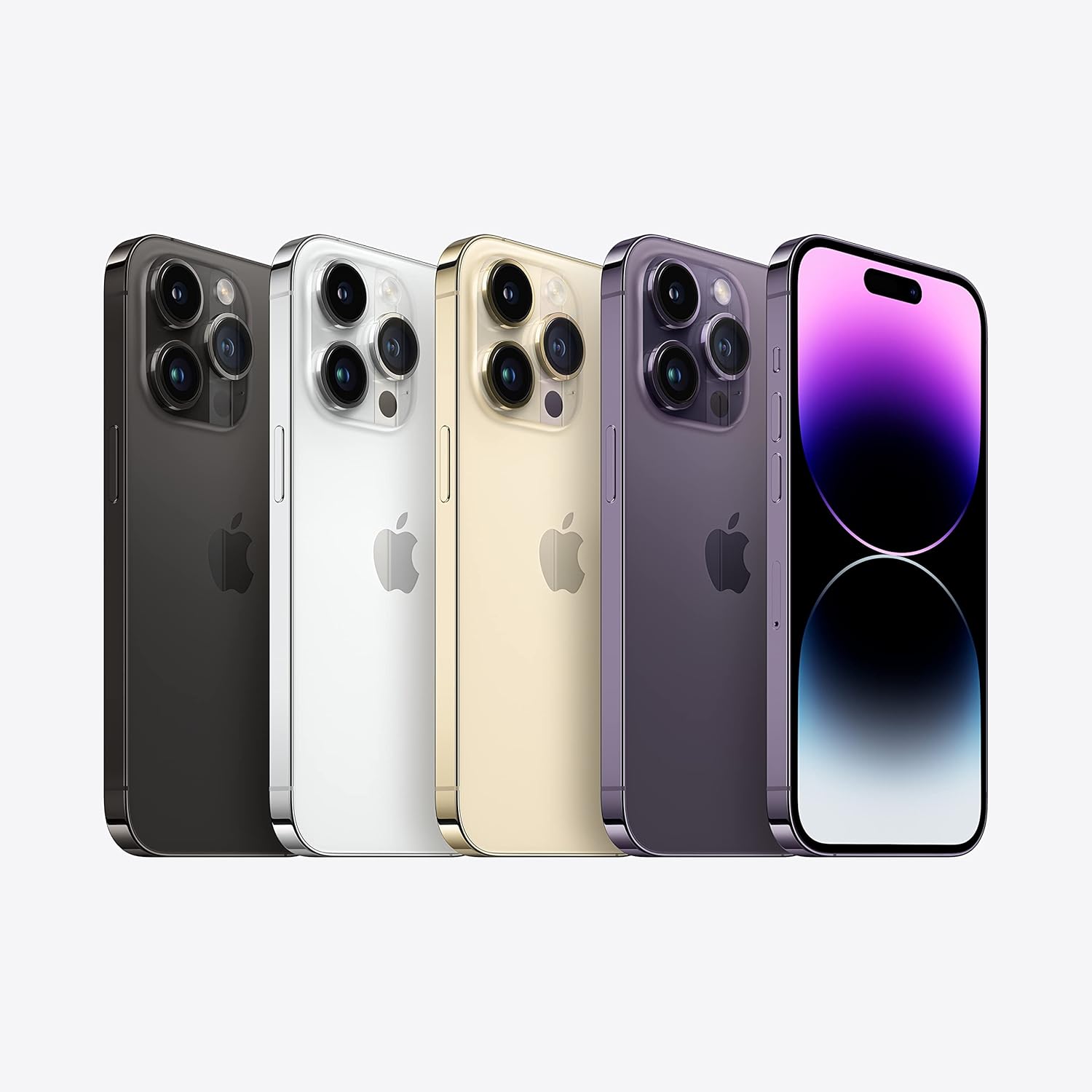 iPhone 14 Pro Max lineup in black, white, gold, and deep purple, front and back