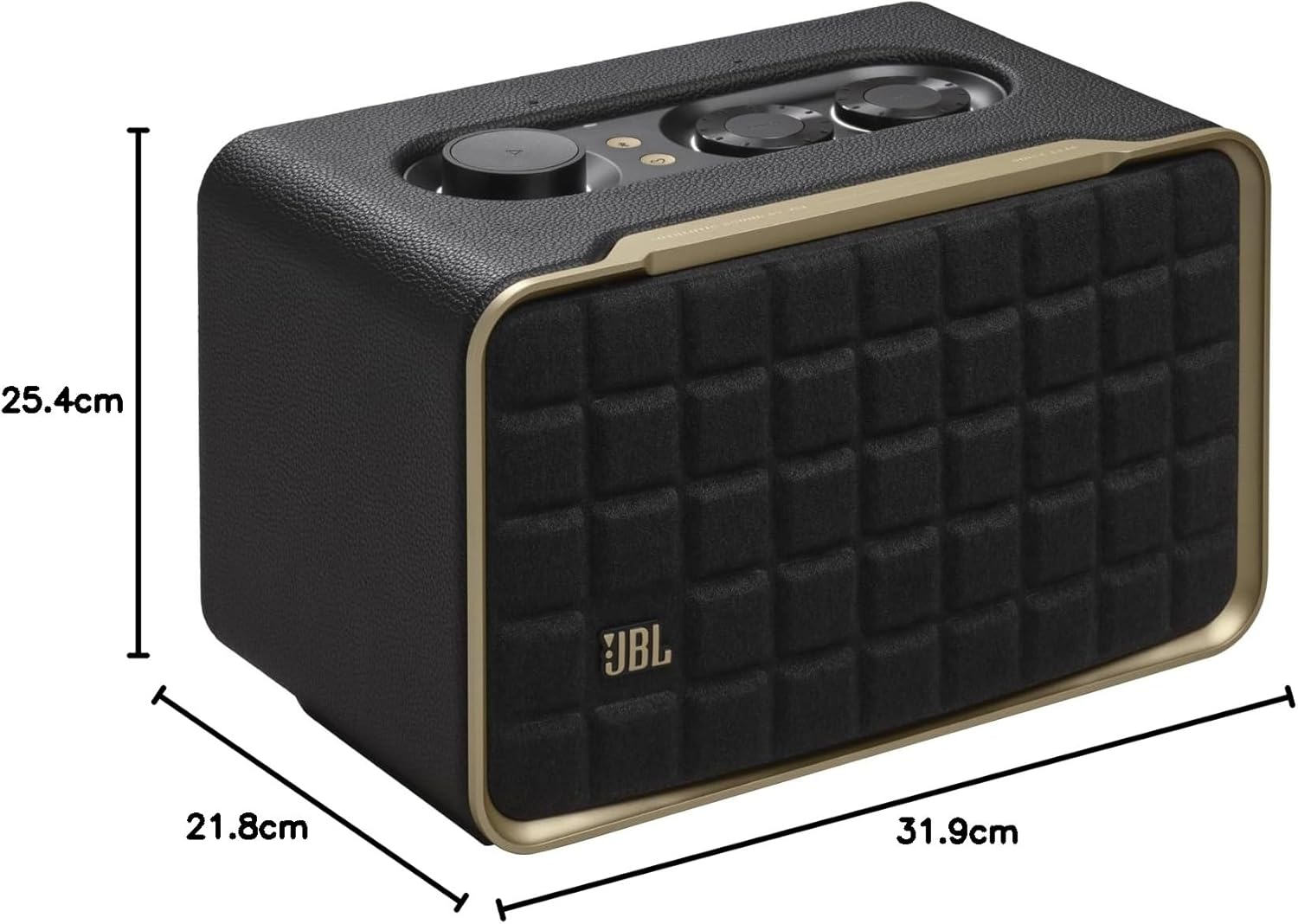 JBL retro smart speaker with black textured grille and gold-trim frame with size marks