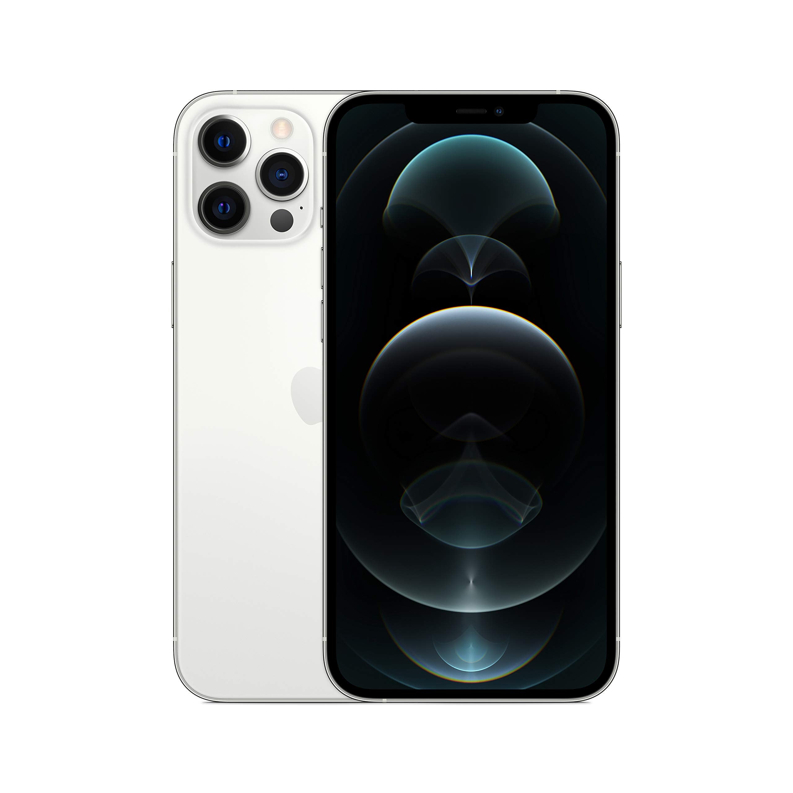 iPhone 12 Pro Max smartphone with white back and front display, side-by-side front/back view