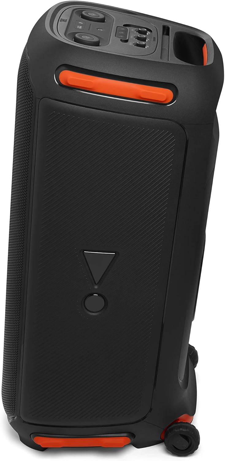 Black portable Bluetooth speaker rear panel with orange control bar and triangular markings
