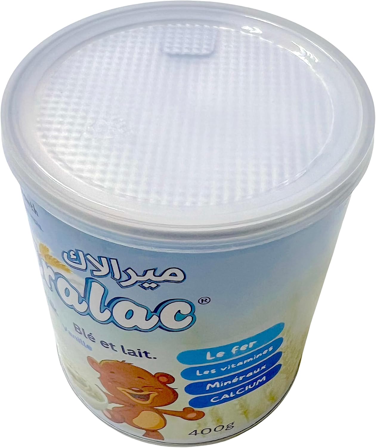 Wheat and milk infant formula tub, 400g, close-up of sealed lid and label