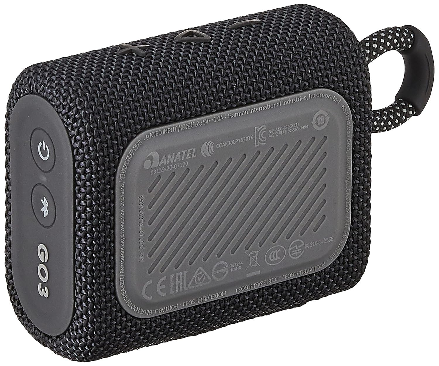Black JBL GO 3 speaker showing back panel and textured fabric body